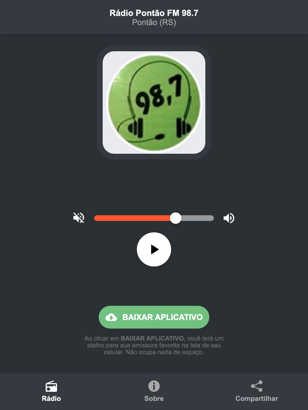 Screenshot do aplicativo da Rádio Pontão FM 98.7