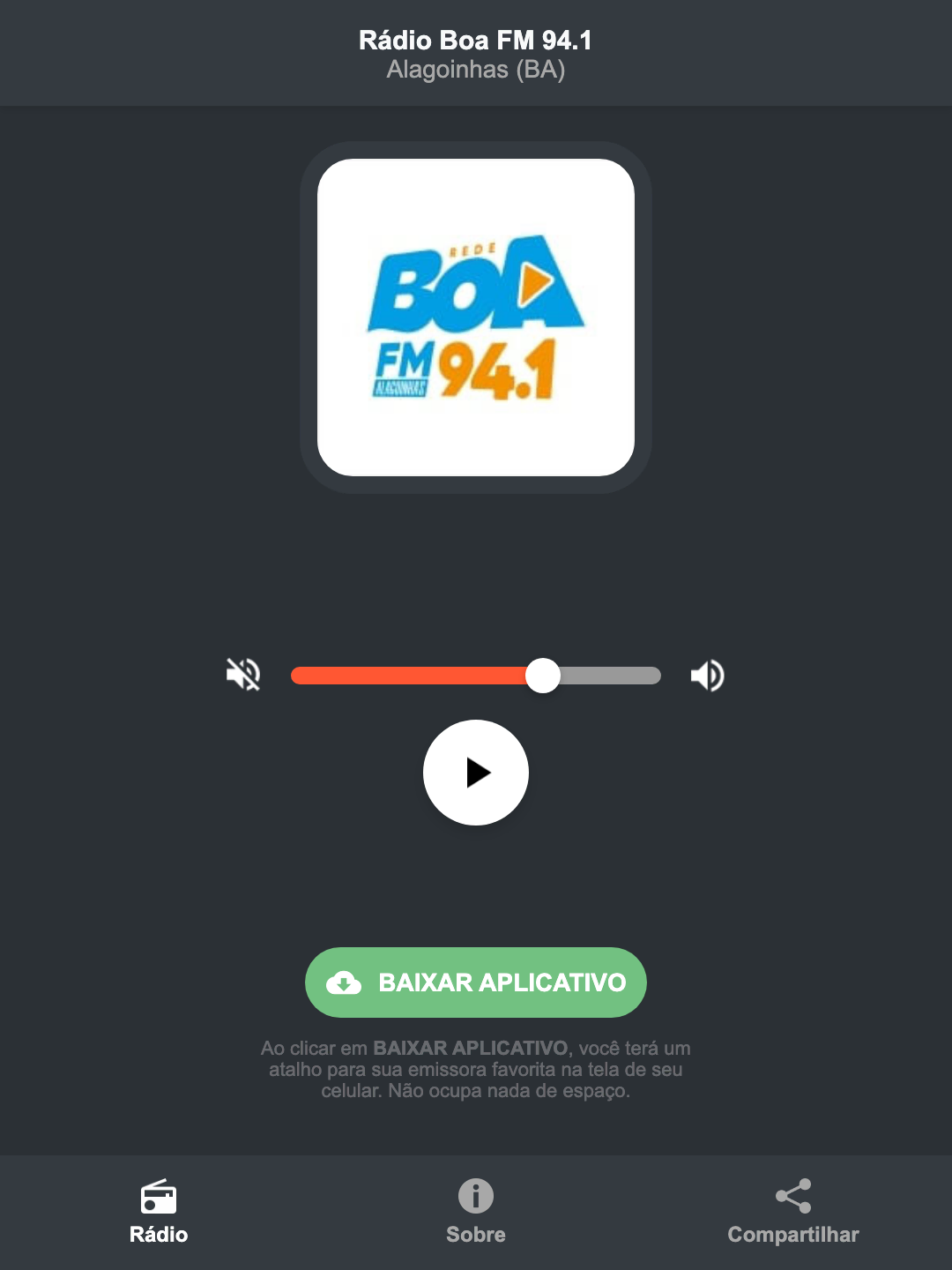 Screenshot do aplicativo da Rádio Boa FM 94.1