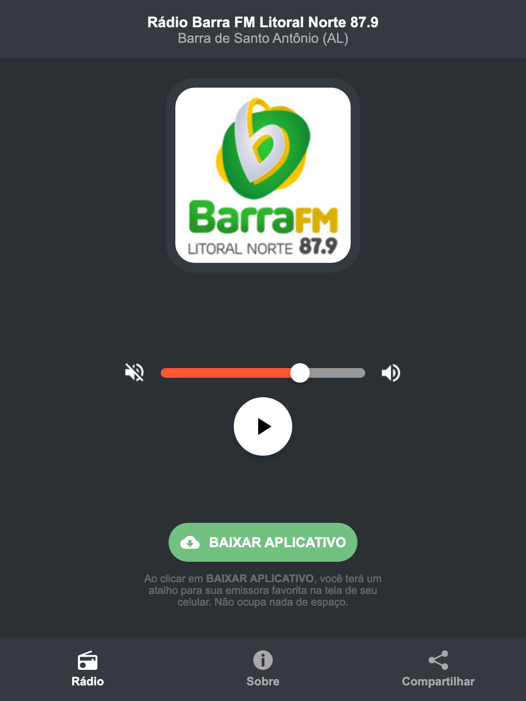 Screenshot do aplicativo da Rádio Barra FM Litoral Norte 87.9