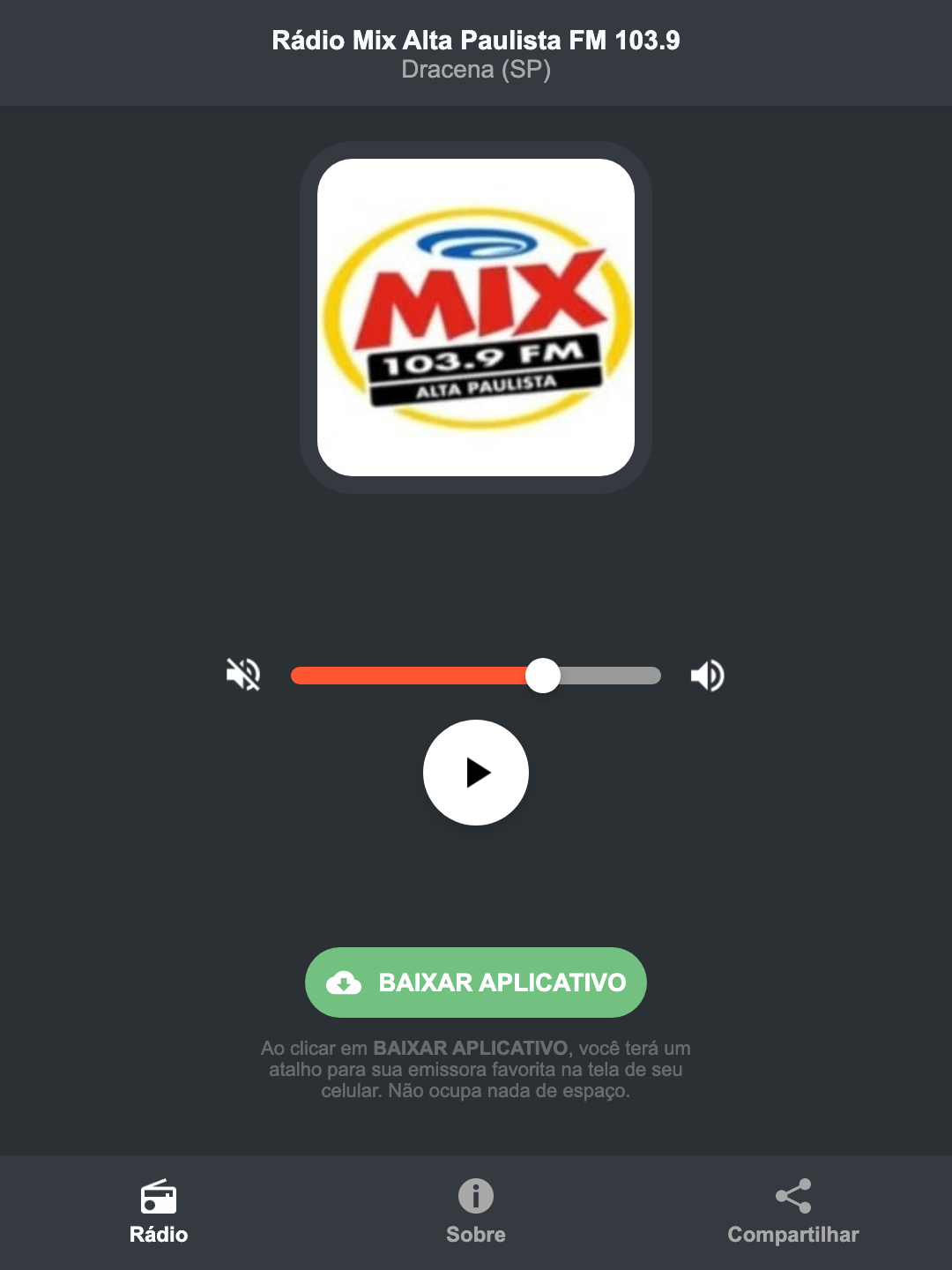 Screenshot do aplicativo da Rádio Mix Alta Paulista FM 103.9