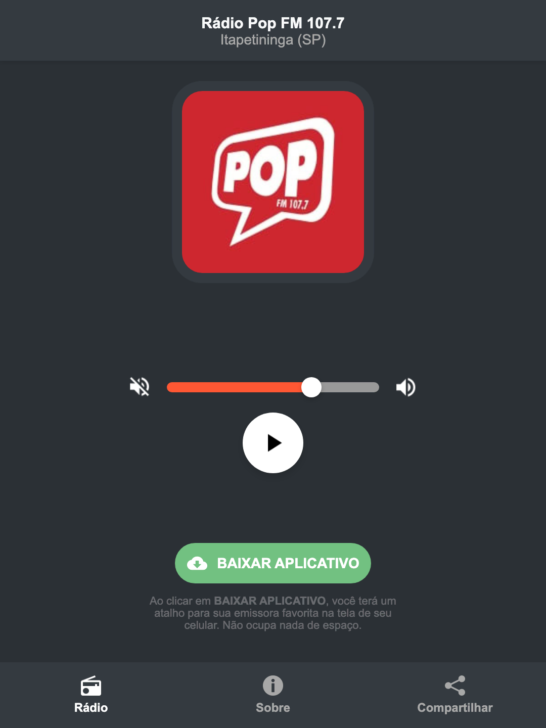 Screenshot do aplicativo da Rádio Pop FM 107.7