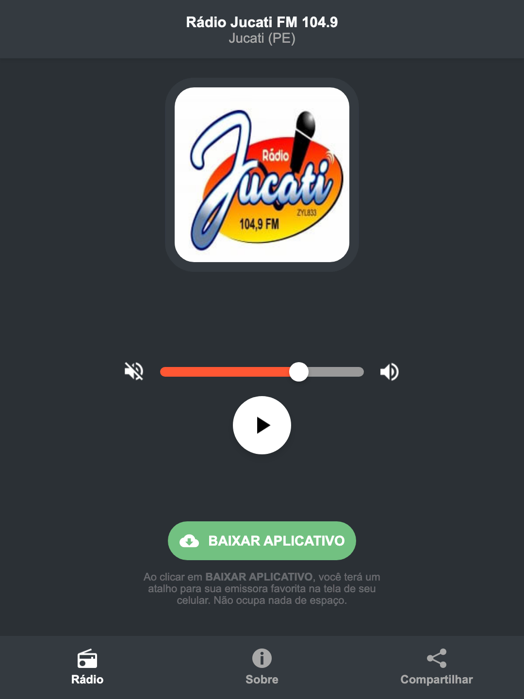 Screenshot do aplicativo da Rádio Jucati FM 104.9