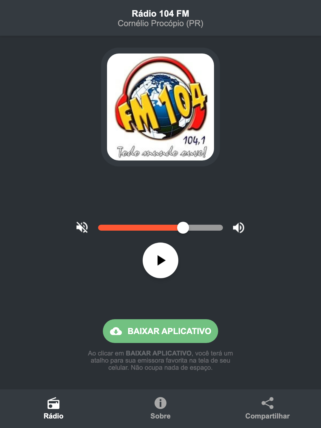 Screenshot do aplicativo da Rádio 104 FM