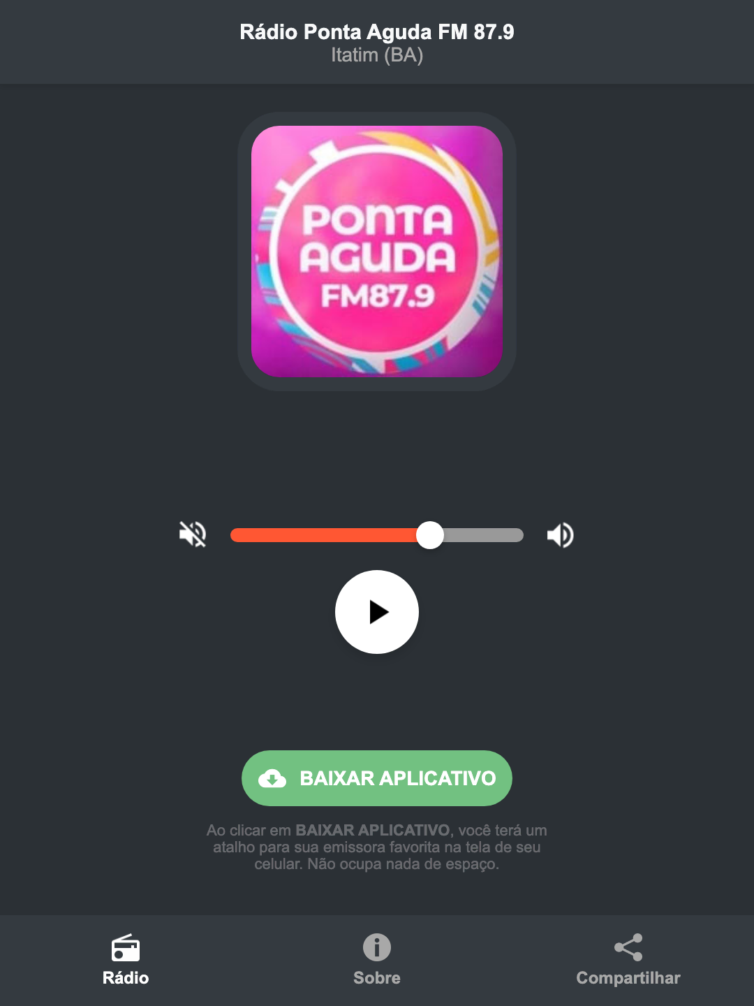 Screenshot do aplicativo da Rádio Ponta Aguda FM 87.9