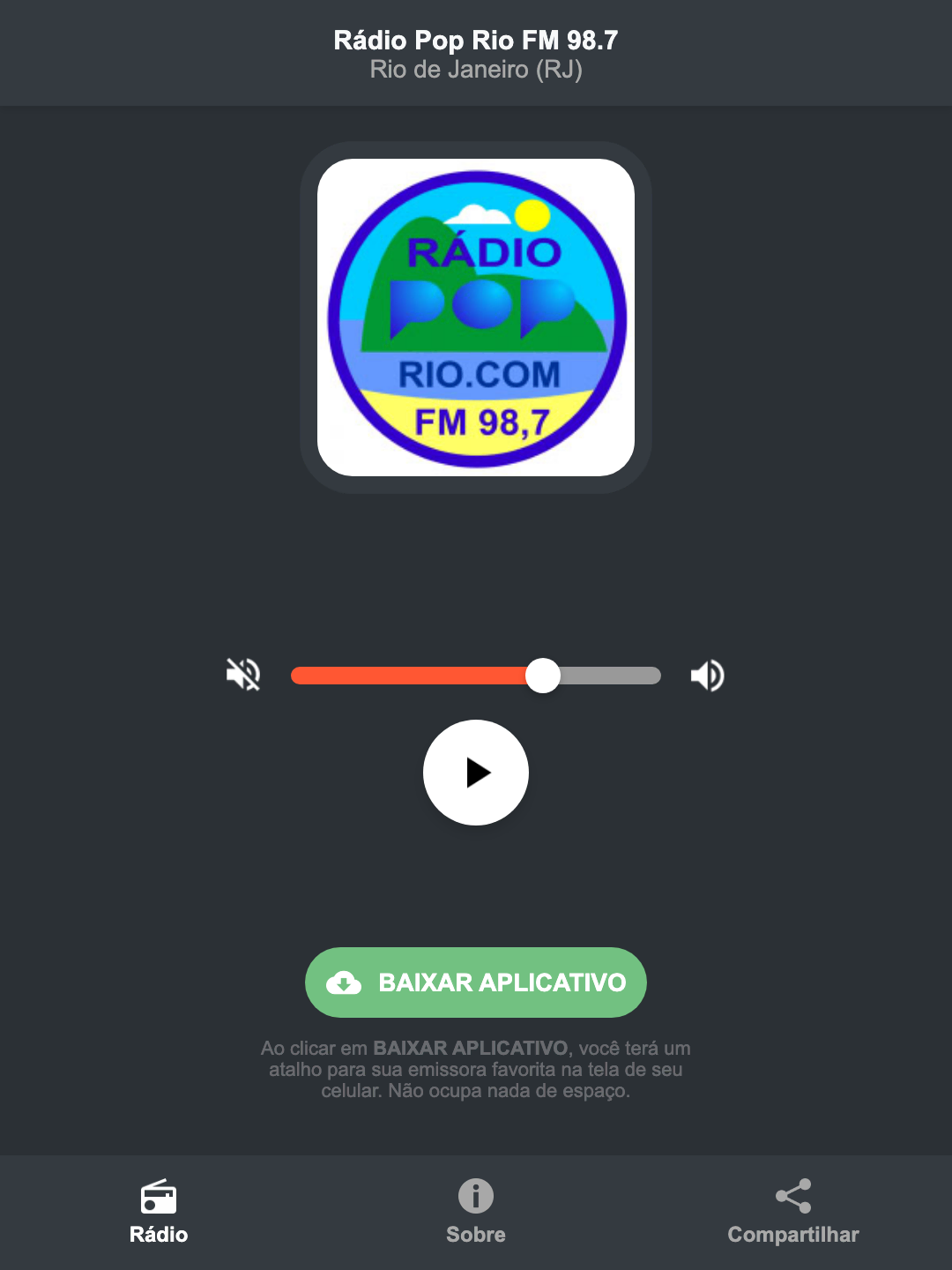 Screenshot do aplicativo da Rádio Pop Rio FM 98.7