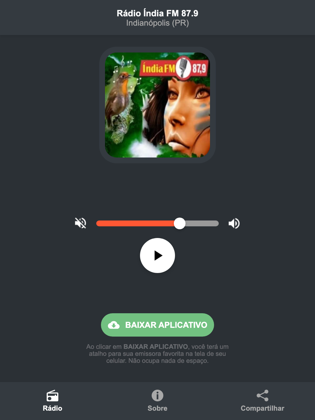Screenshot do aplicativo da Rádio Índia FM 87.9