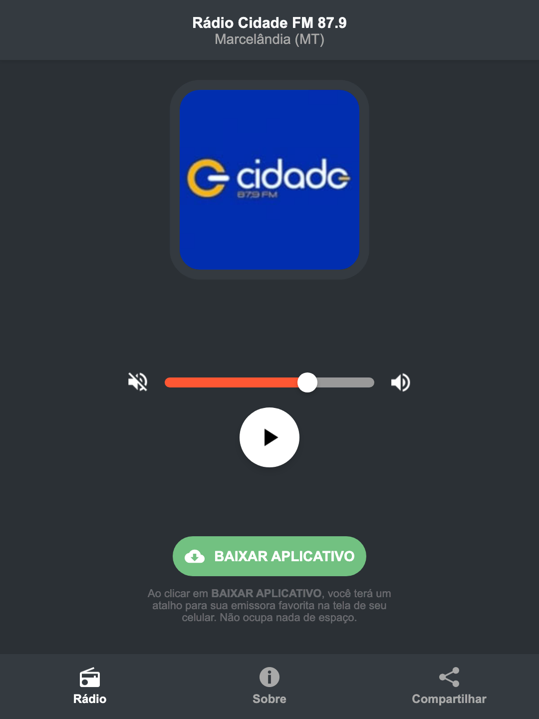 Screenshot do aplicativo da Rádio Cidade FM 87.9