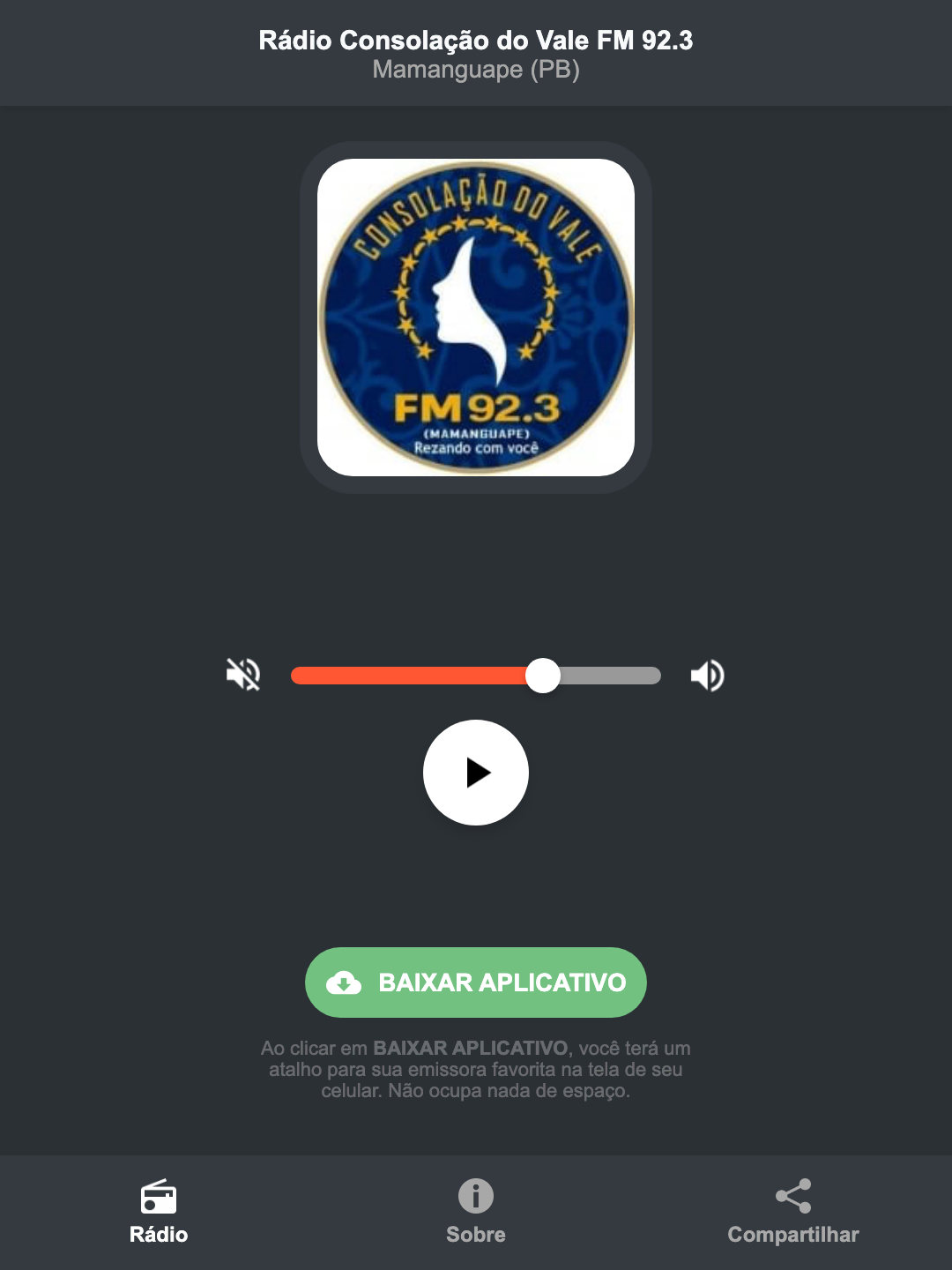 Screenshot do aplicativo da Rádio Consolação do Vale FM 92.3