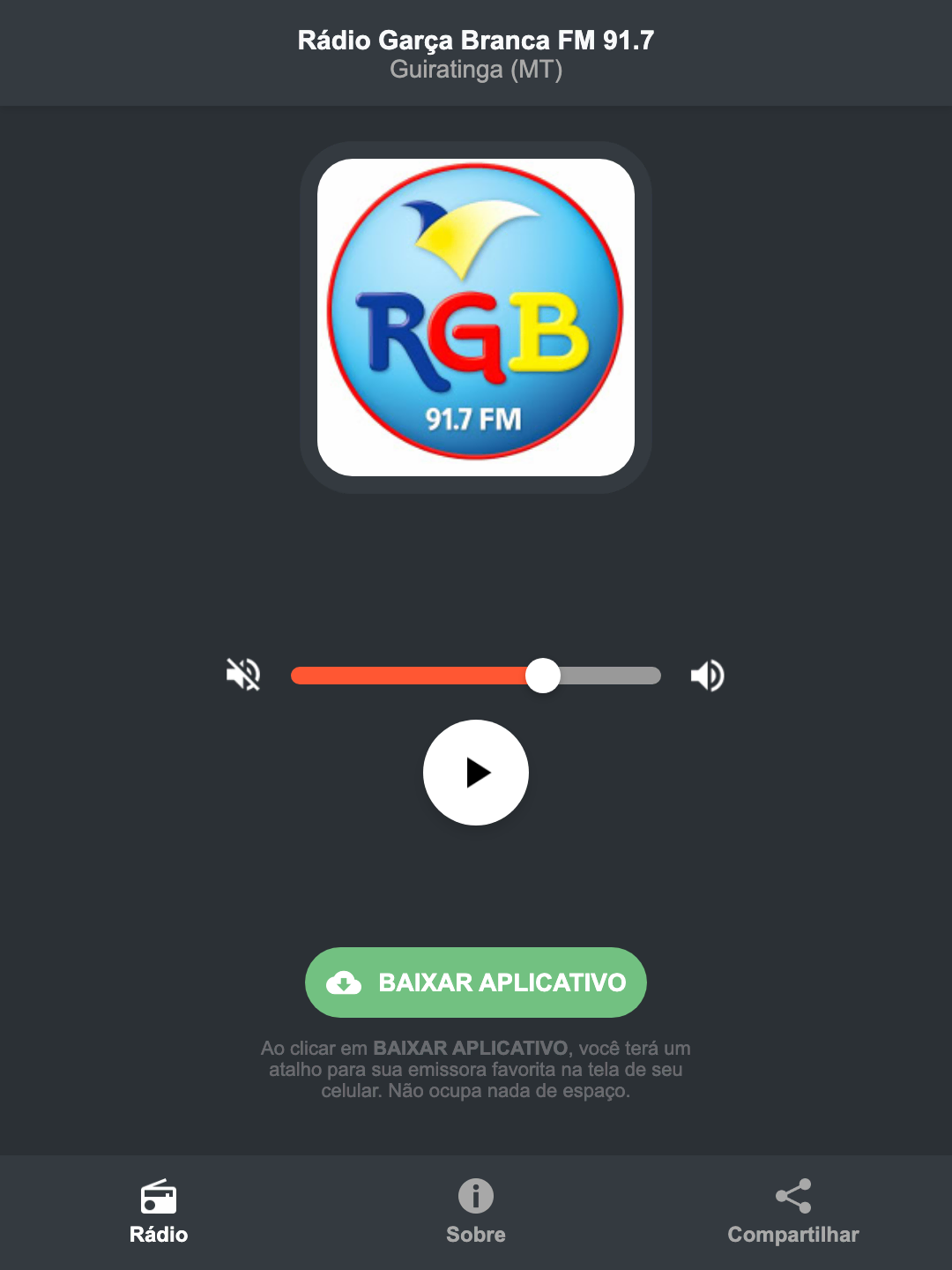 Screenshot do aplicativo da Rádio Garça Branca FM 91.7