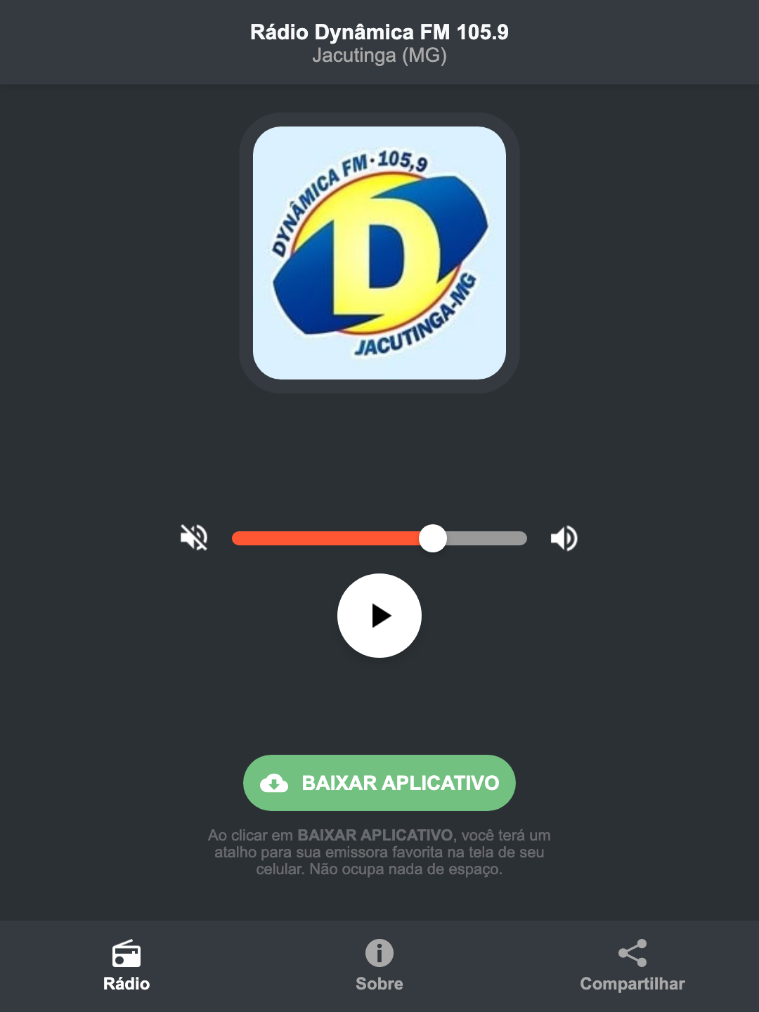 Screenshot do aplicativo da Rádio Dynâmica FM 105.9
