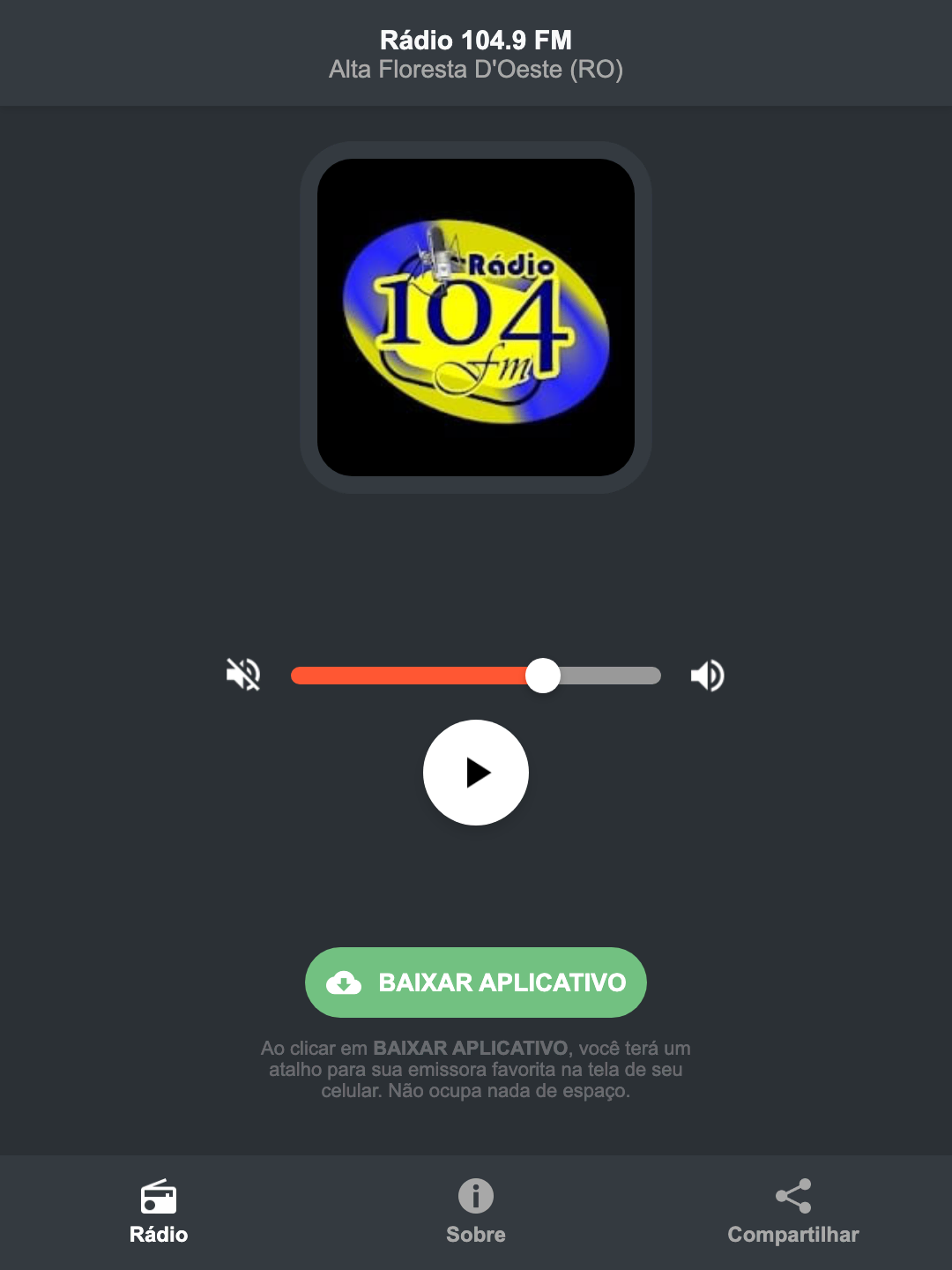 Screenshot do aplicativo da Rádio 104.9 FM