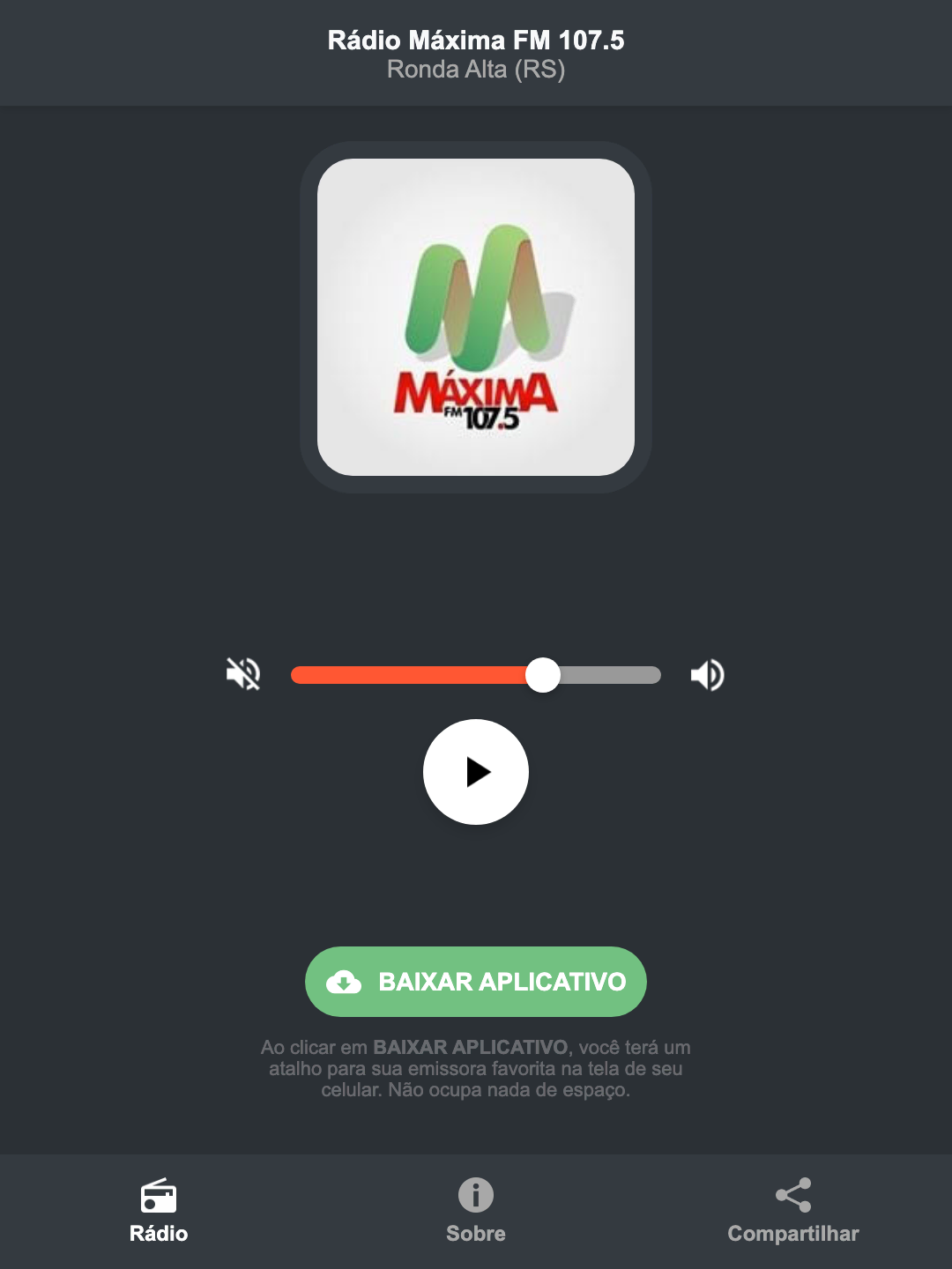 Screenshot do aplicativo da Rádio Máxima FM 107.5