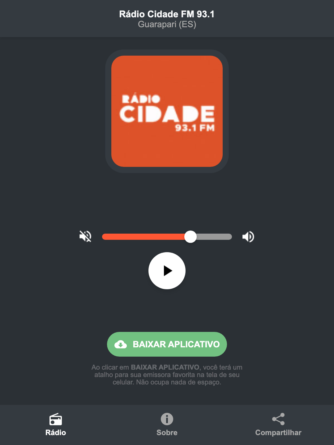 Screenshot do aplicativo da Rádio Cidade FM 93.1