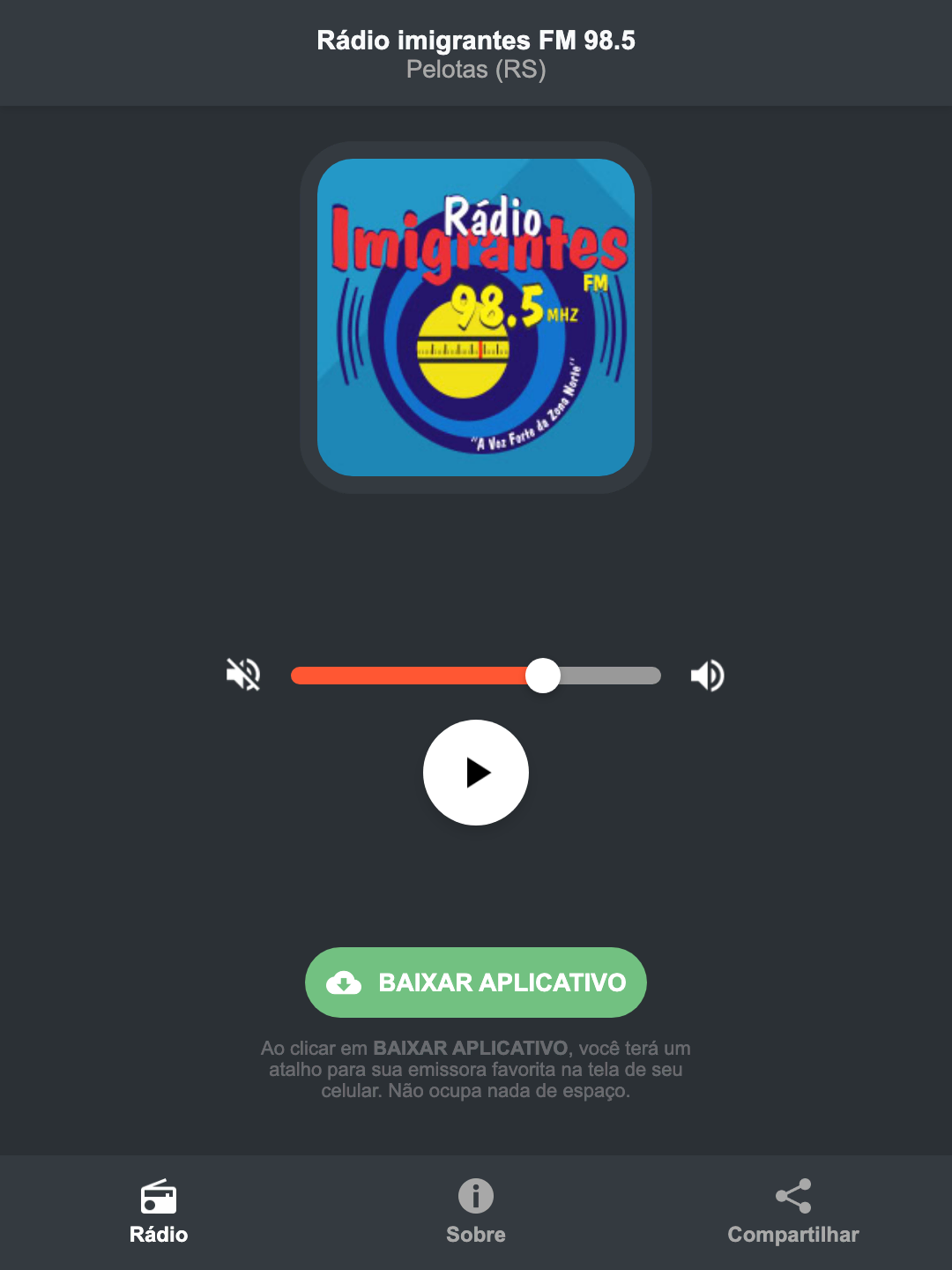 Screenshot do aplicativo da Rádio imigrantes FM 98.5