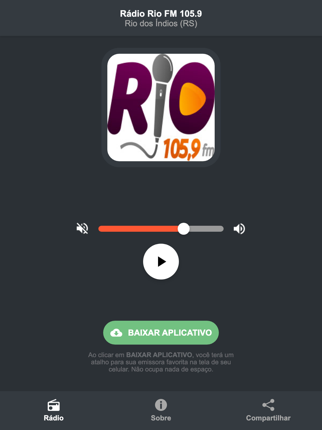 Screenshot do aplicativo da Rádio Rio FM 105.9