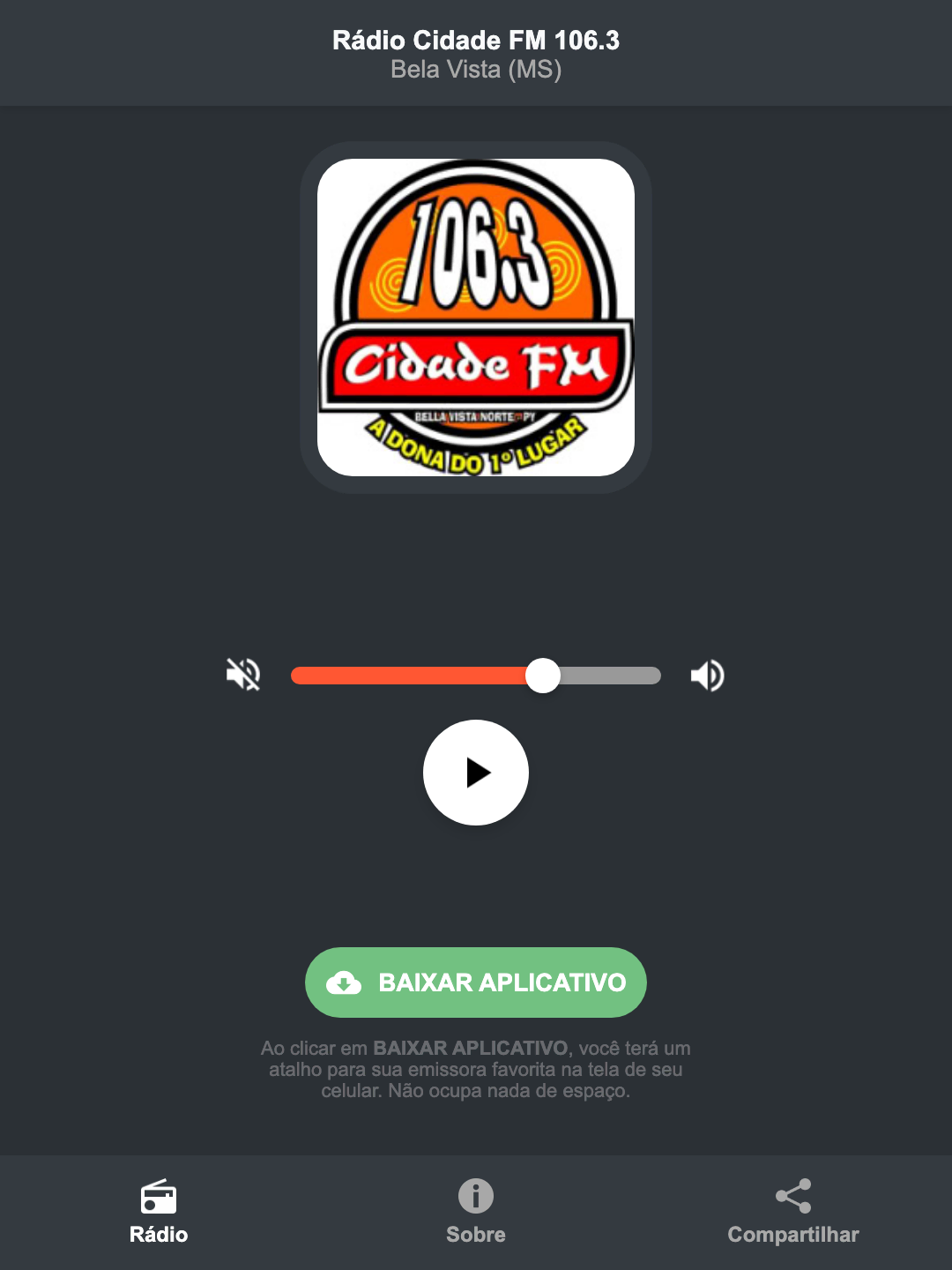Screenshot do aplicativo da Rádio Cidade FM 106.3