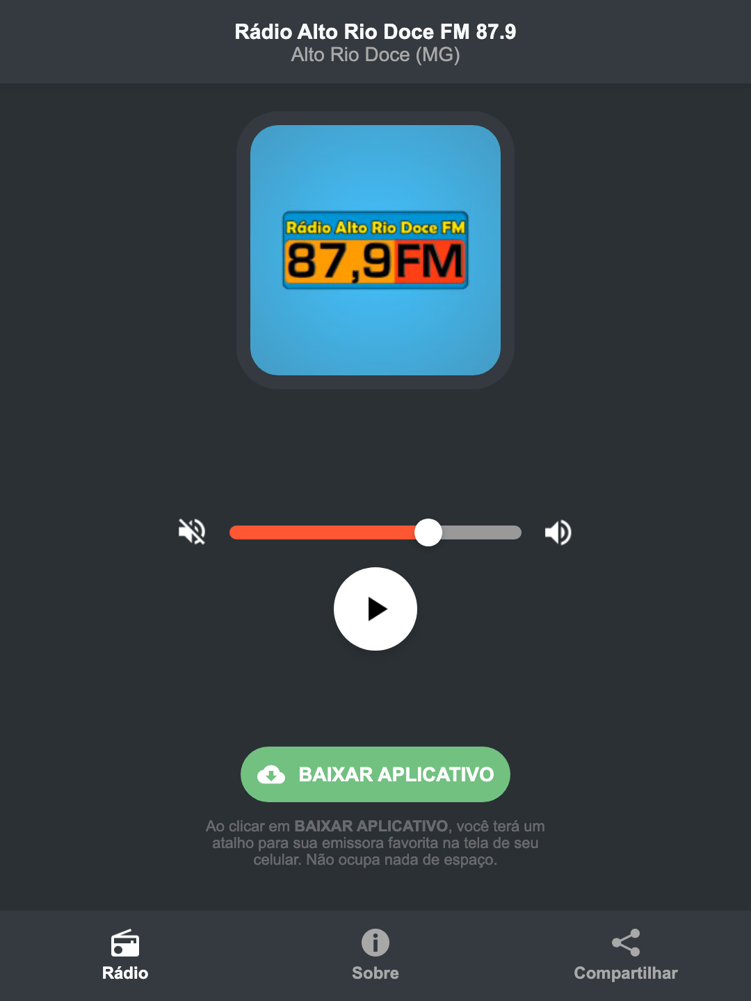 Screenshot do aplicativo da Rádio Alto Rio Doce FM 87.9