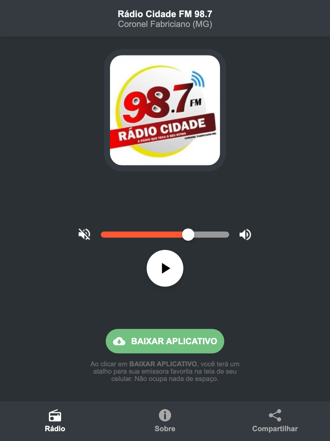 Screenshot do aplicativo da Rádio Cidade FM 98.7