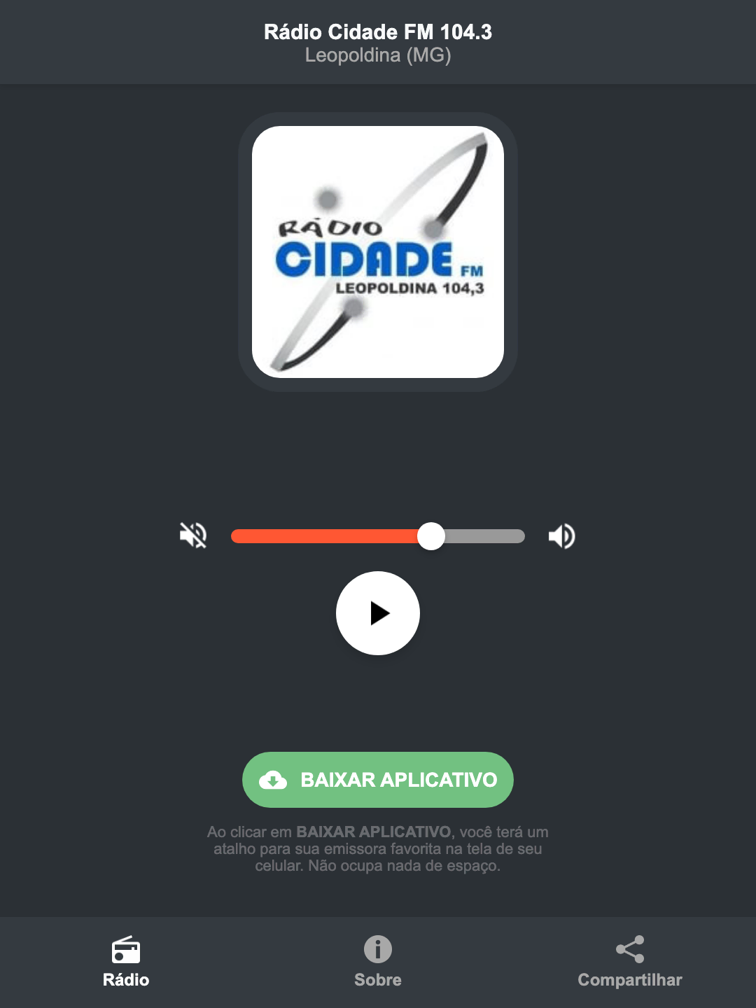 Screenshot do aplicativo da Rádio Cidade FM 104.3