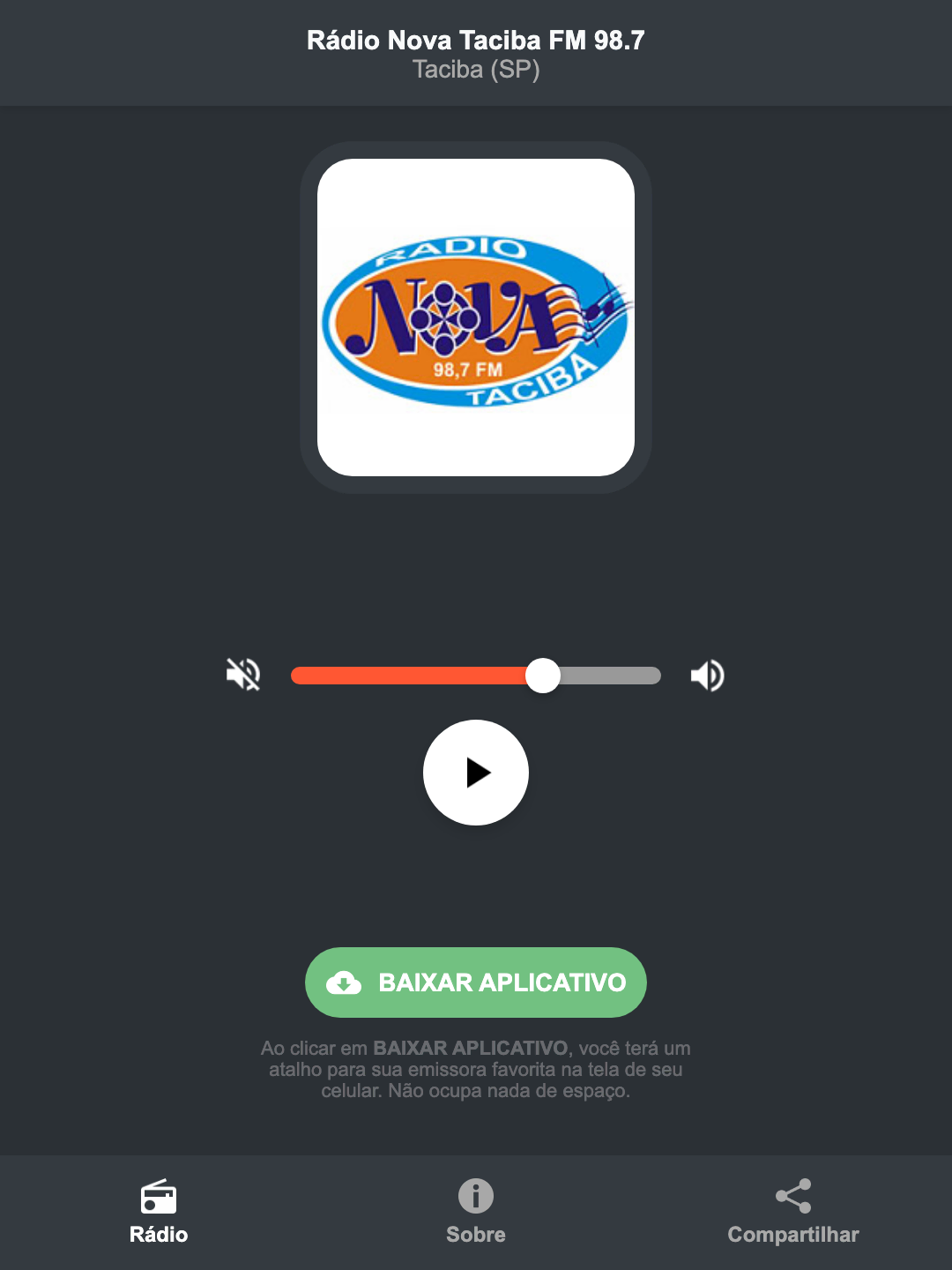 Screenshot do aplicativo da Rádio Nova Taciba FM 98.7