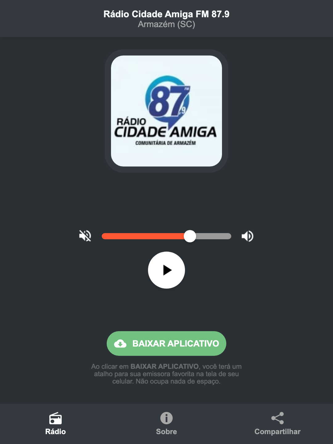 Screenshot do aplicativo da Rádio Cidade Amiga FM 87.9