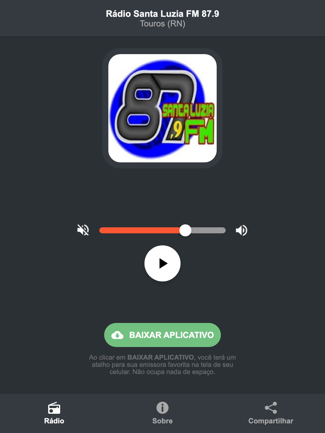 Screenshot do aplicativo da Rádio Santa Luzia FM 87.9