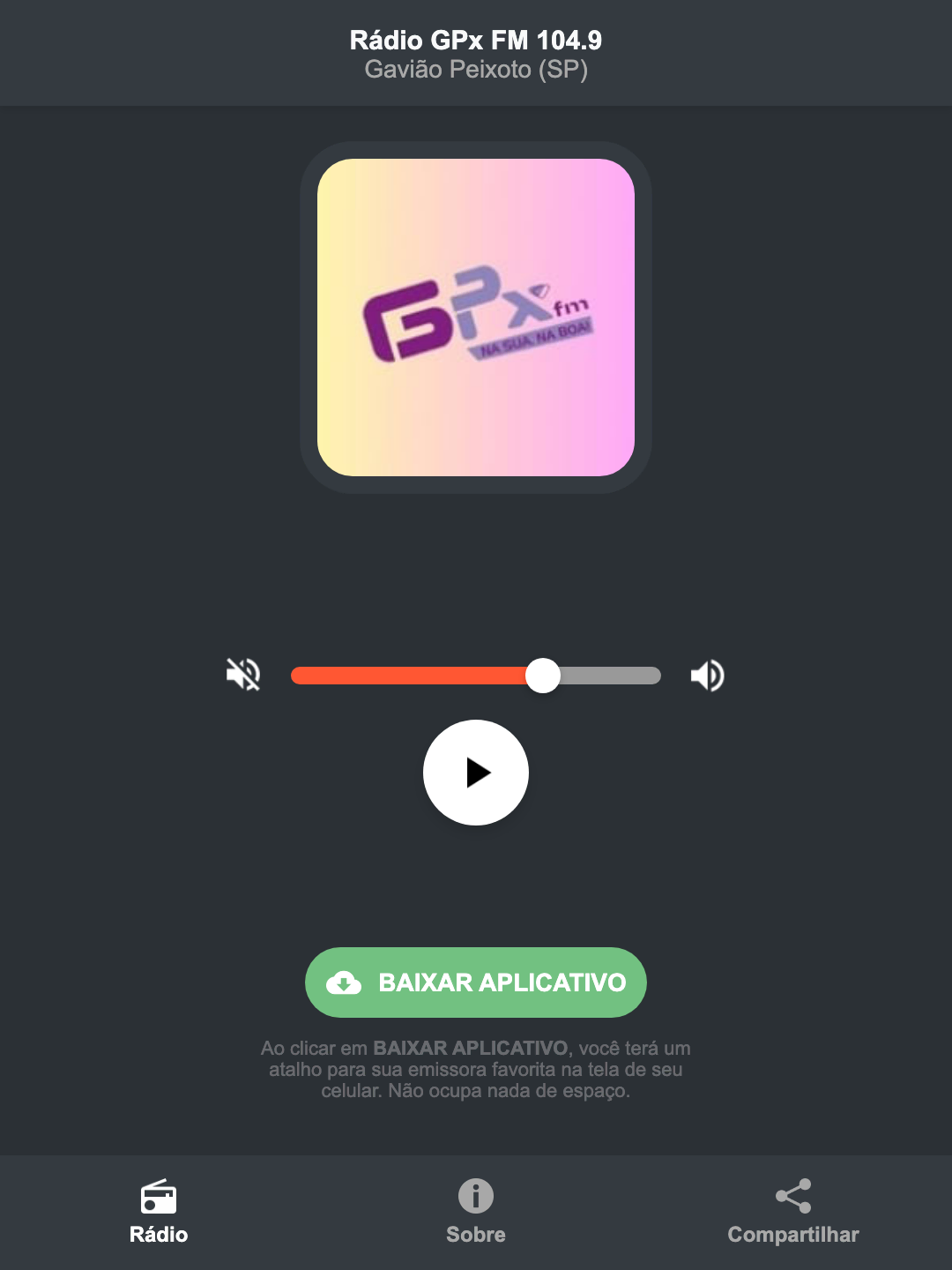 Screenshot do aplicativo da Rádio GPx FM 104.9
