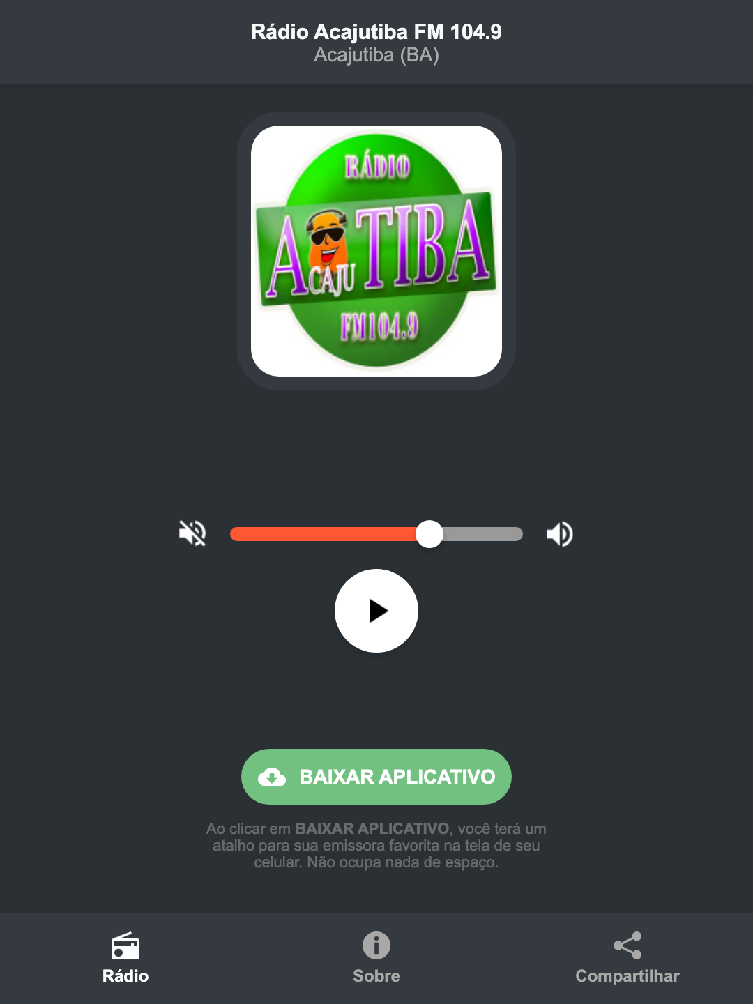 Screenshot do aplicativo da Rádio Acajutiba FM 104.9