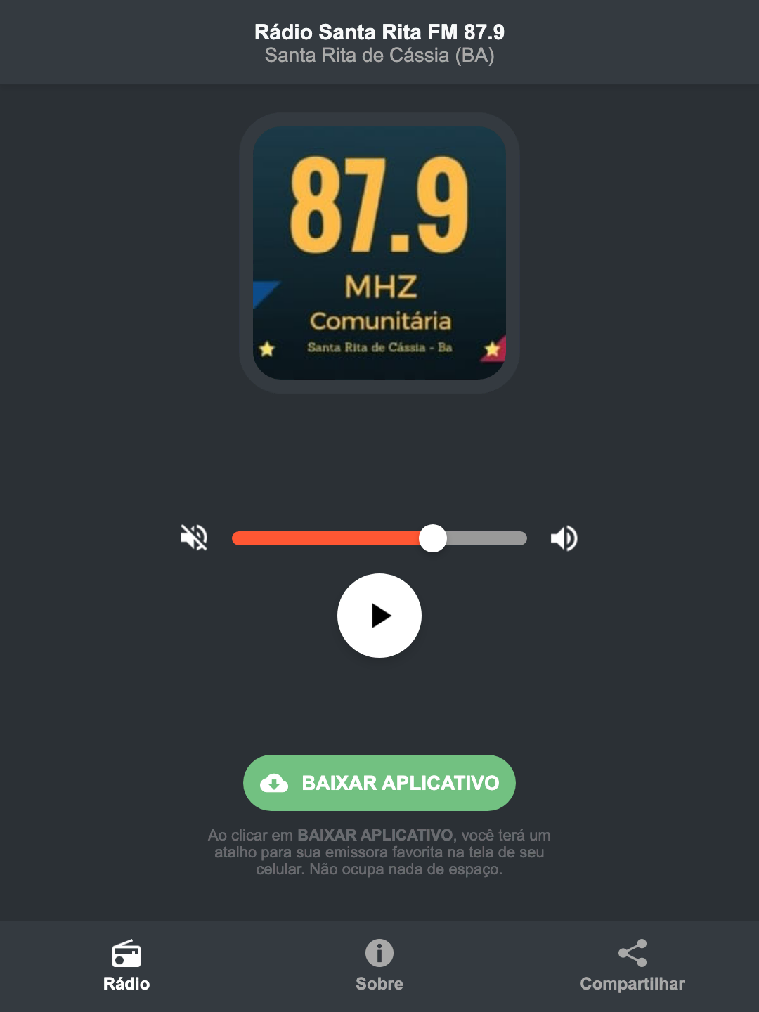 Screenshot do aplicativo da Rádio Santa Rita FM 87.9