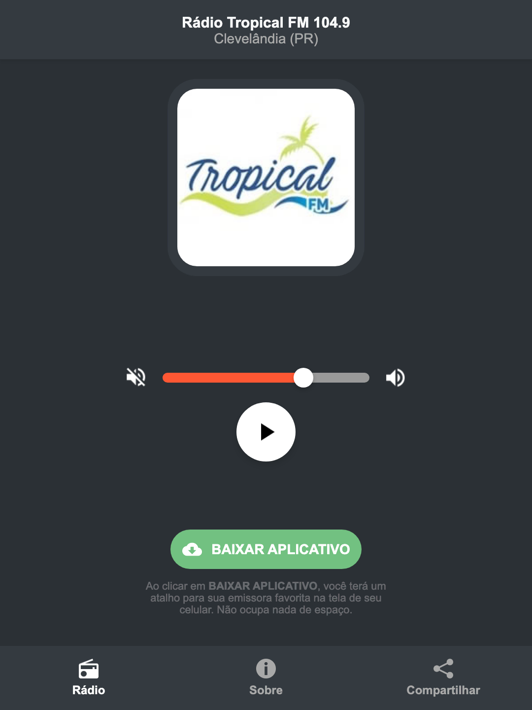 Screenshot do aplicativo da Rádio Tropical FM 104.9