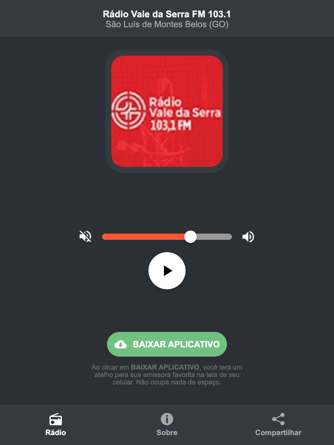 Screenshot do aplicativo da Rádio Vale da Serra FM 103.1