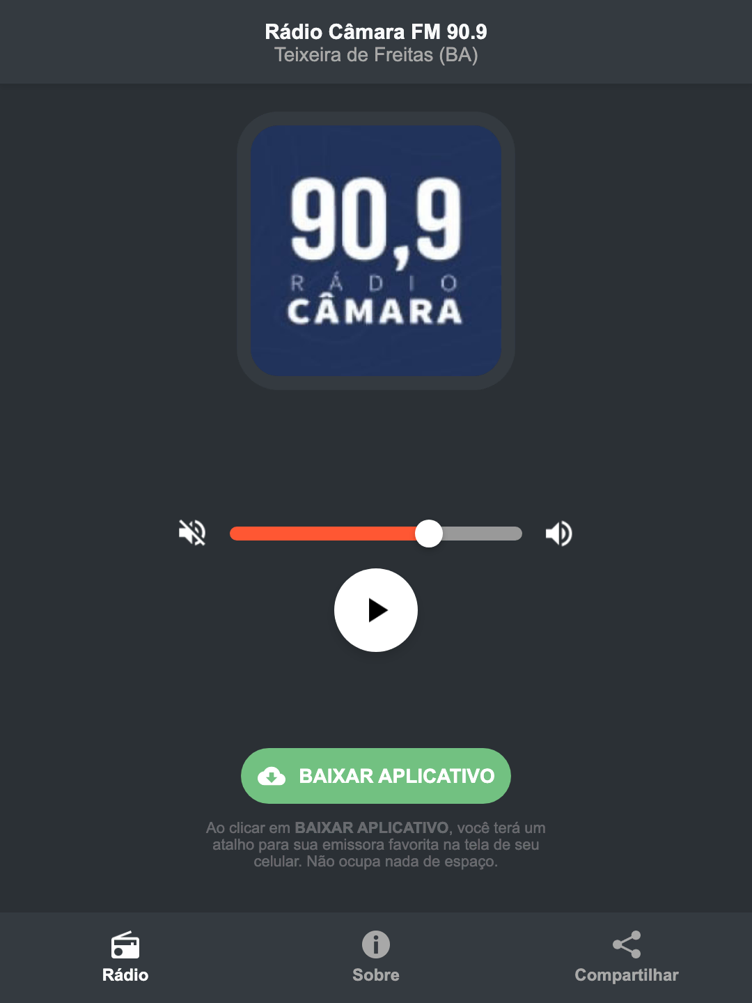Screenshot do aplicativo da Rádio Câmara FM 90.9