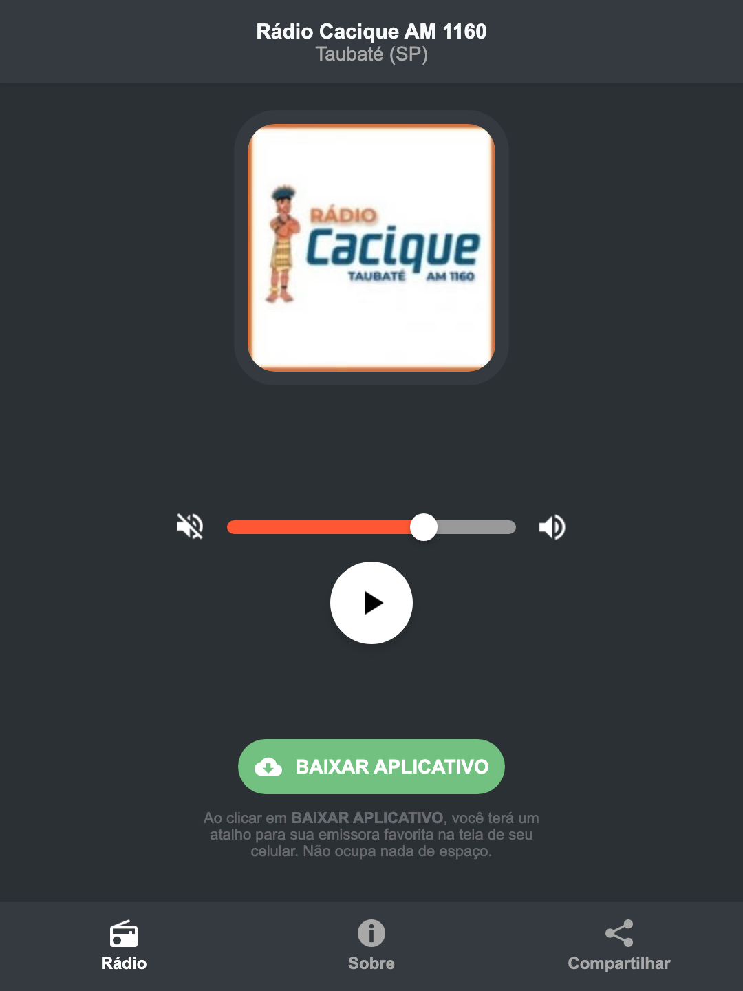 Screenshot do aplicativo da Rádio Cacique AM 1160