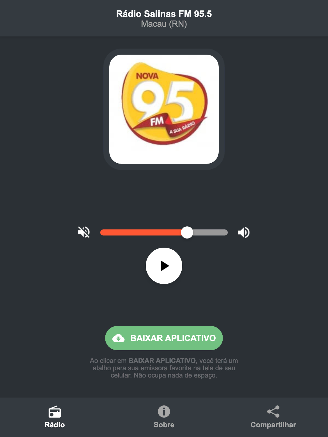 Screenshot do aplicativo da Rádio Salinas FM 95.5