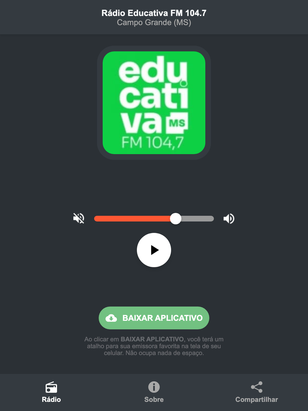 Screenshot do aplicativo da Rádio Educativa FM 104.7