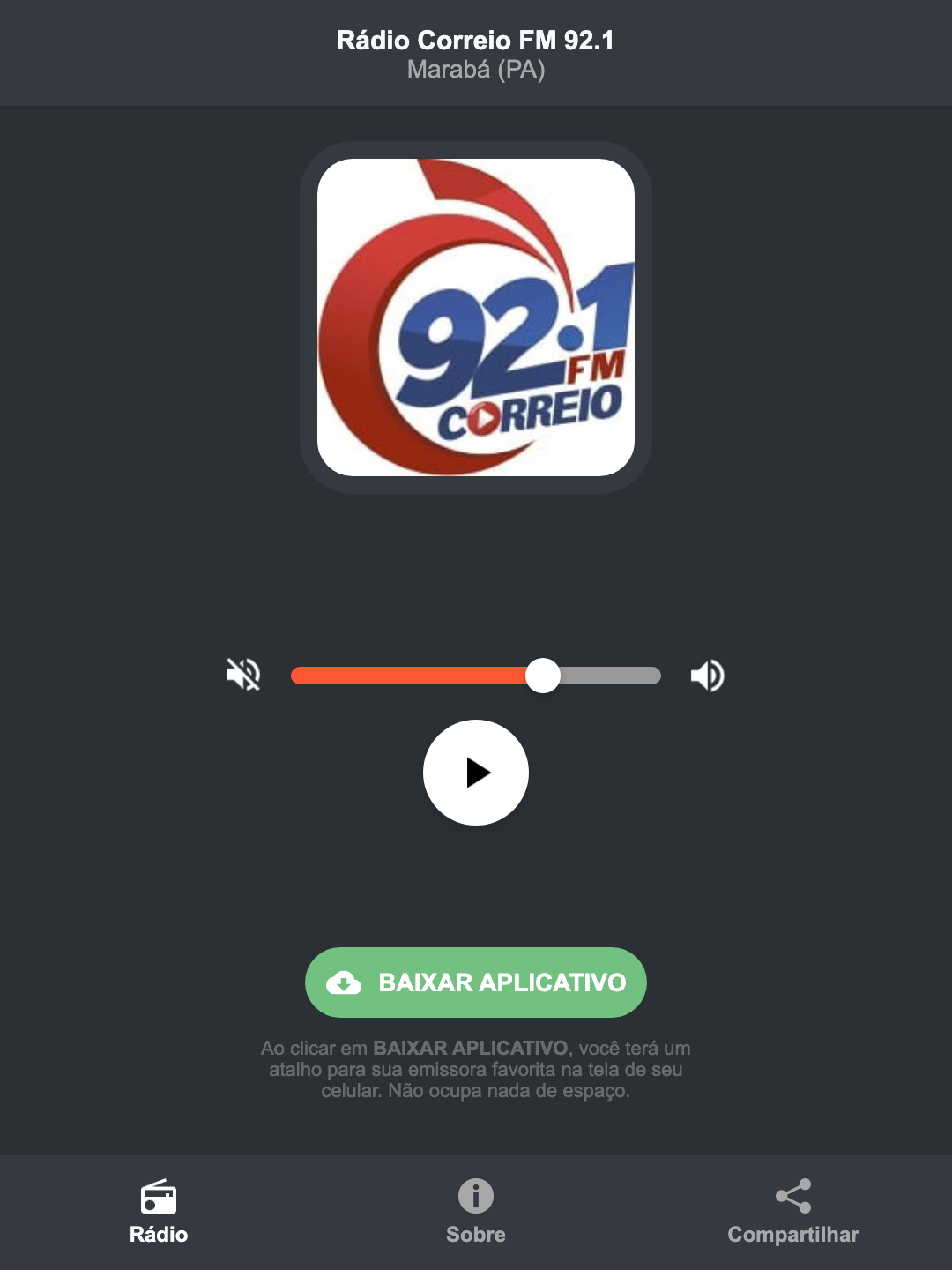 Screenshot do aplicativo da Rádio Correio FM 92.1