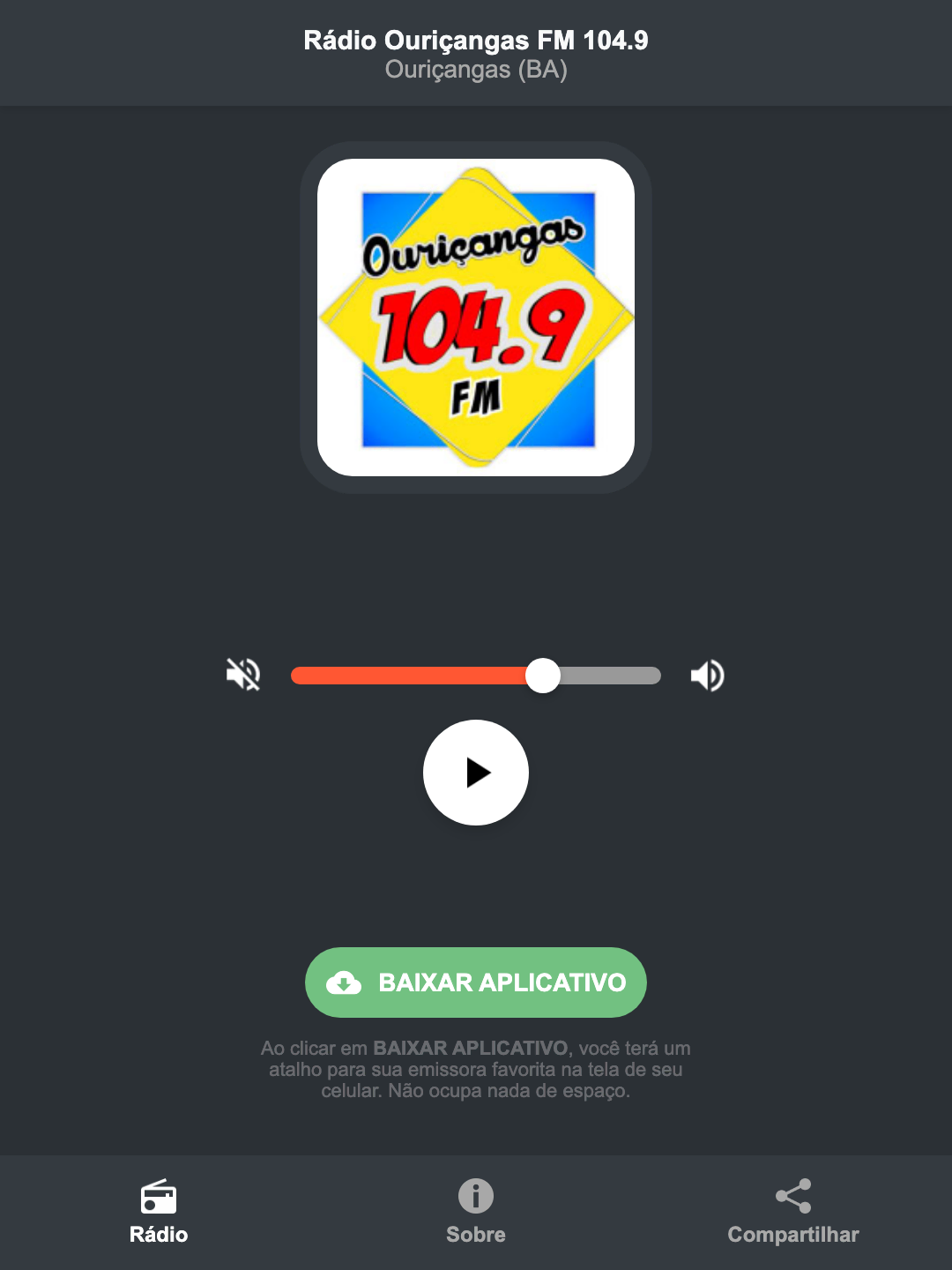 Screenshot do aplicativo da Rádio Ouriçangas FM 104.9