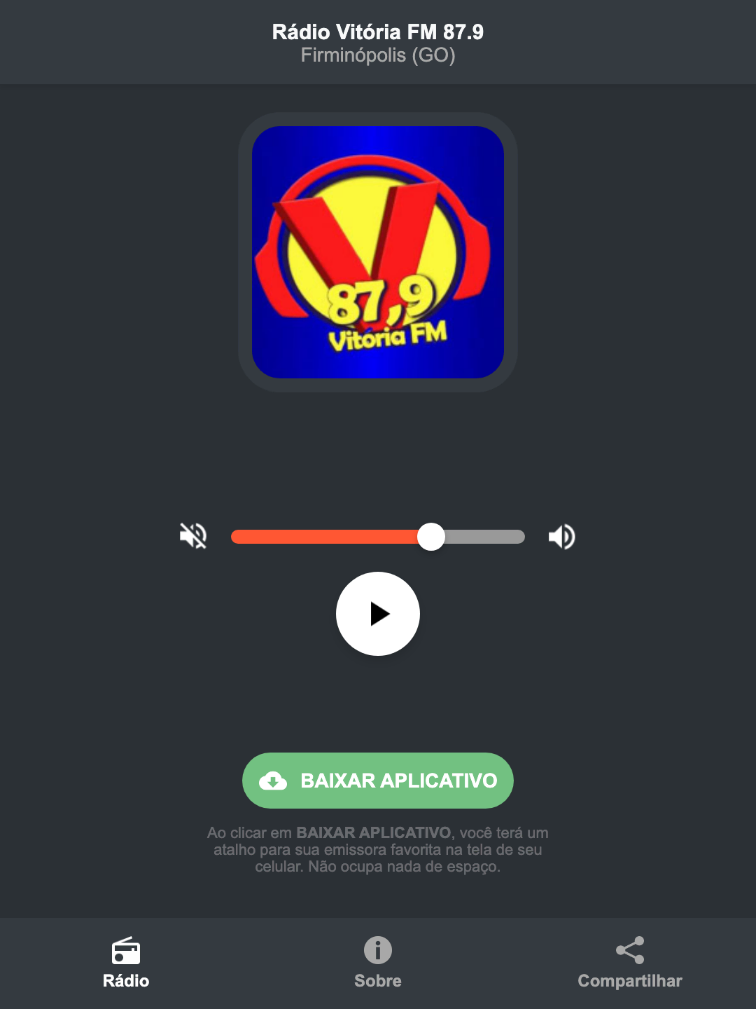 Screenshot do aplicativo da Rádio Vitória FM 87.9