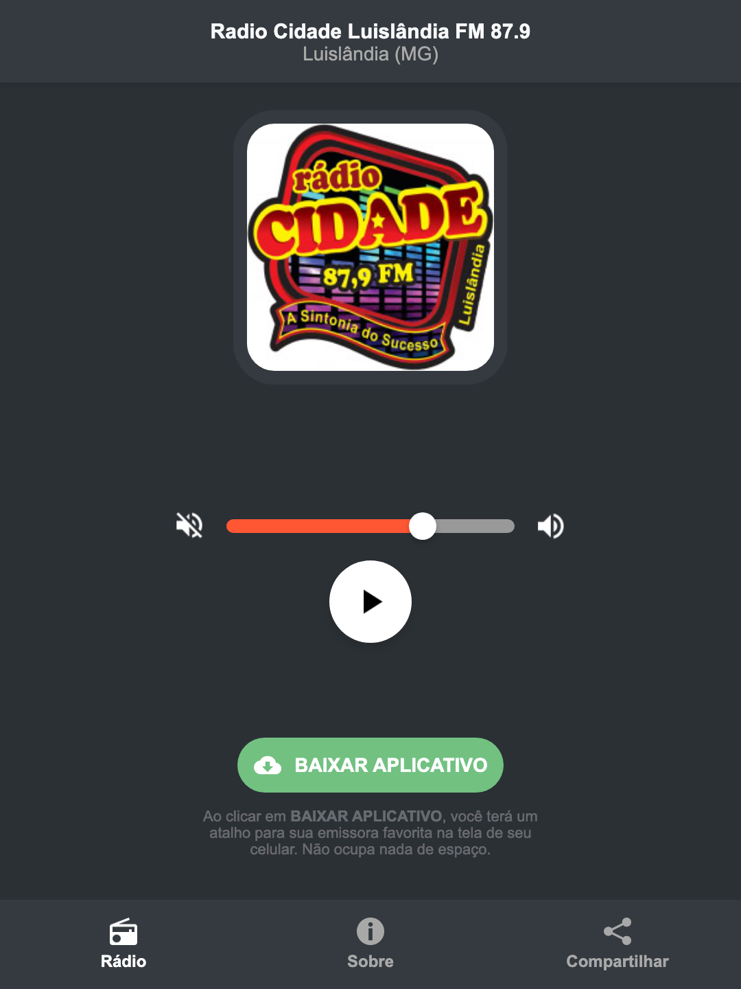 Screenshot do aplicativo da Radio Cidade Luislândia FM 87.9