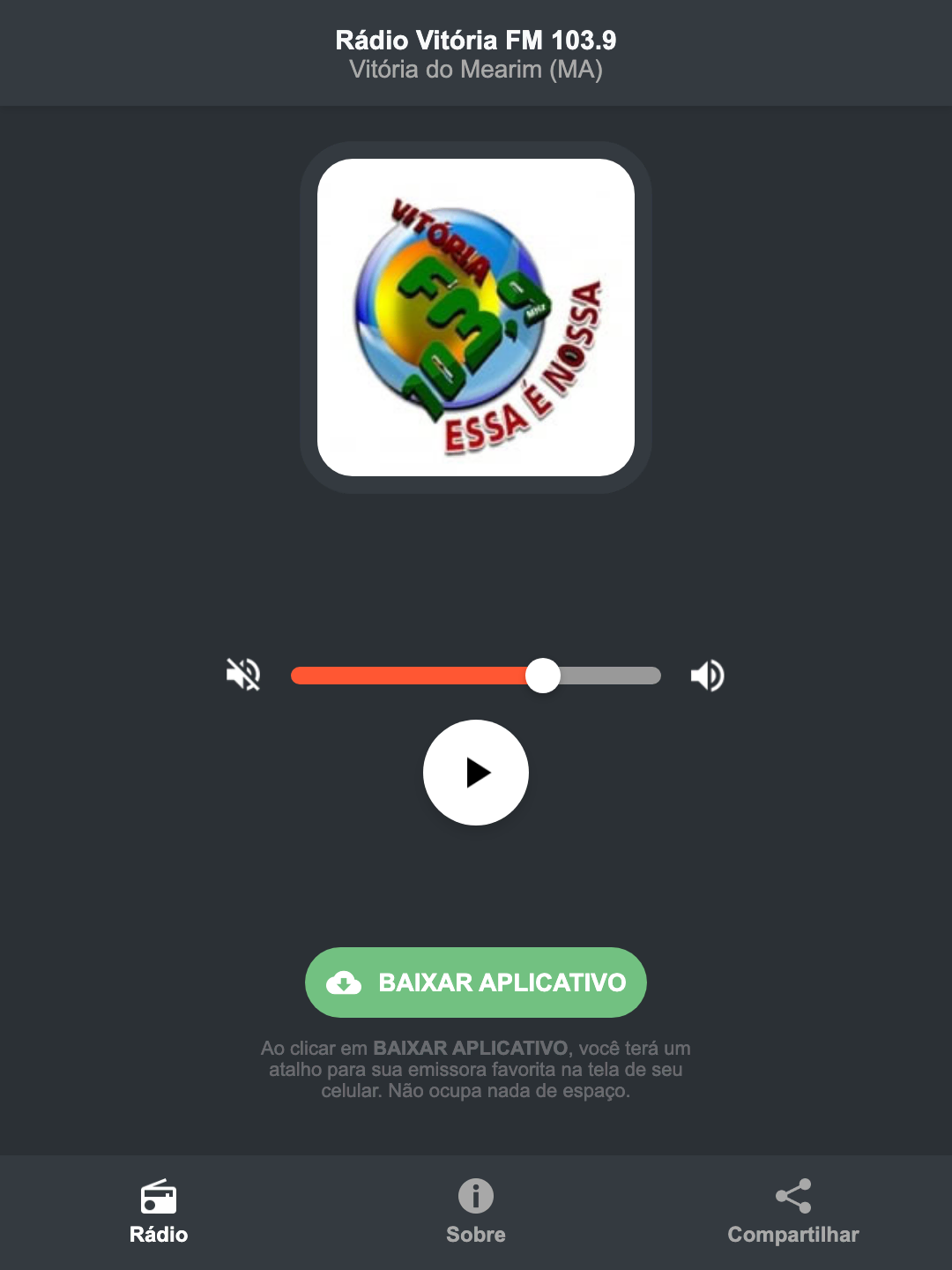 Screenshot do aplicativo da Rádio Vitória FM 103.9