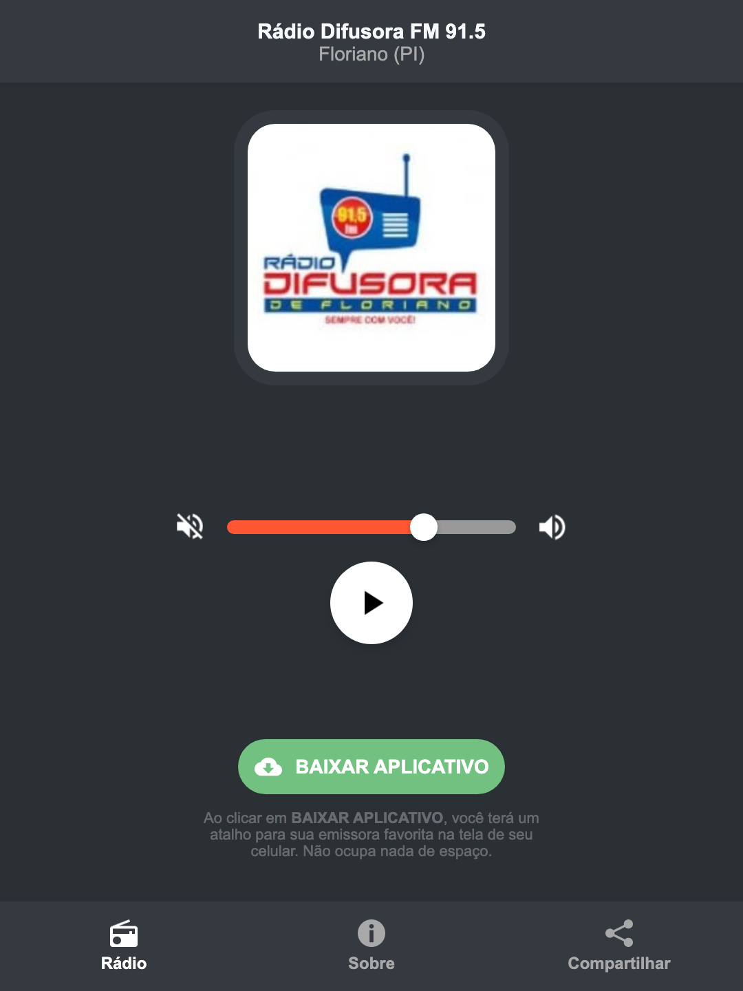 Screenshot do aplicativo da Rádio Difusora FM 91.5