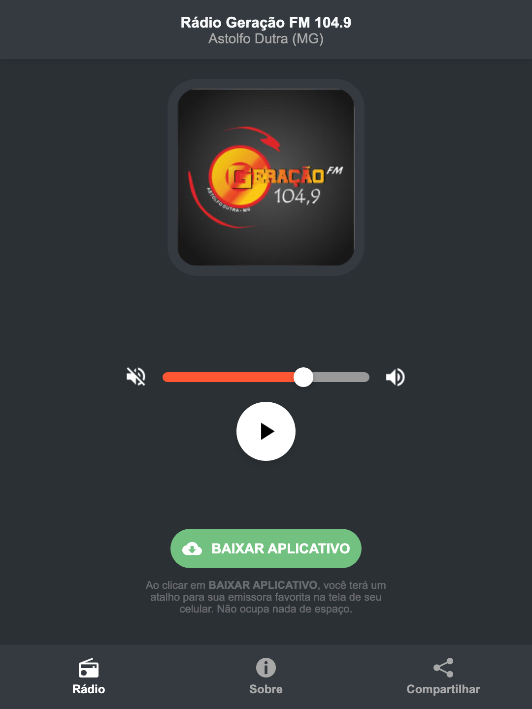 Screenshot do aplicativo da Rádio Geração FM 104.9