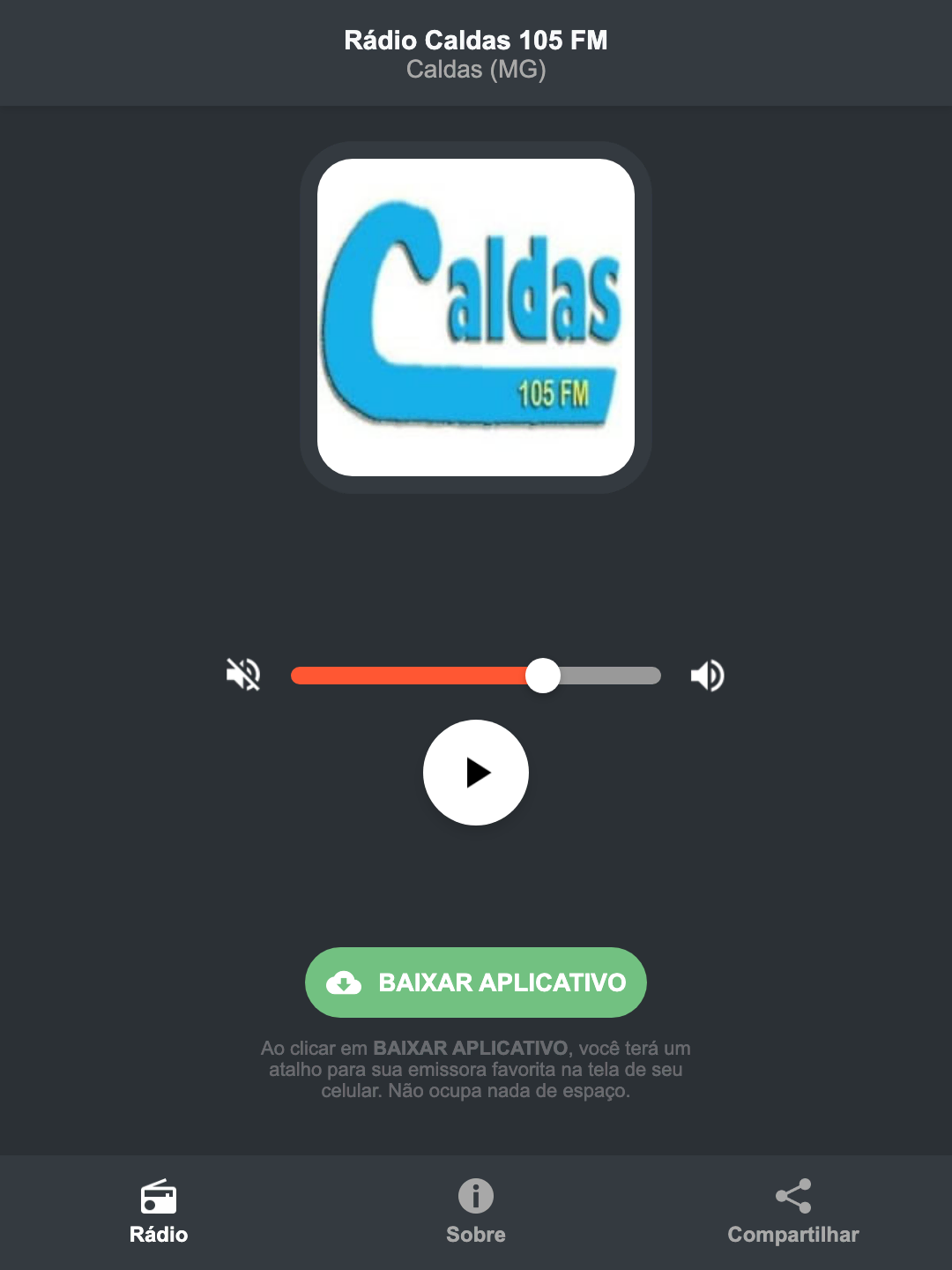 Screenshot do aplicativo da Rádio Caldas 105 FM