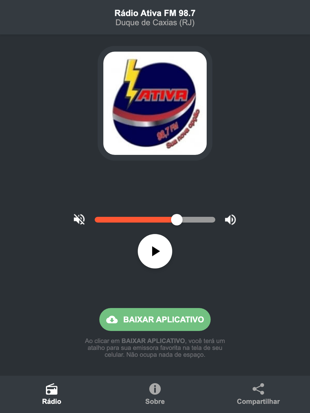 Screenshot do aplicativo da Rádio Ativa FM 98.7