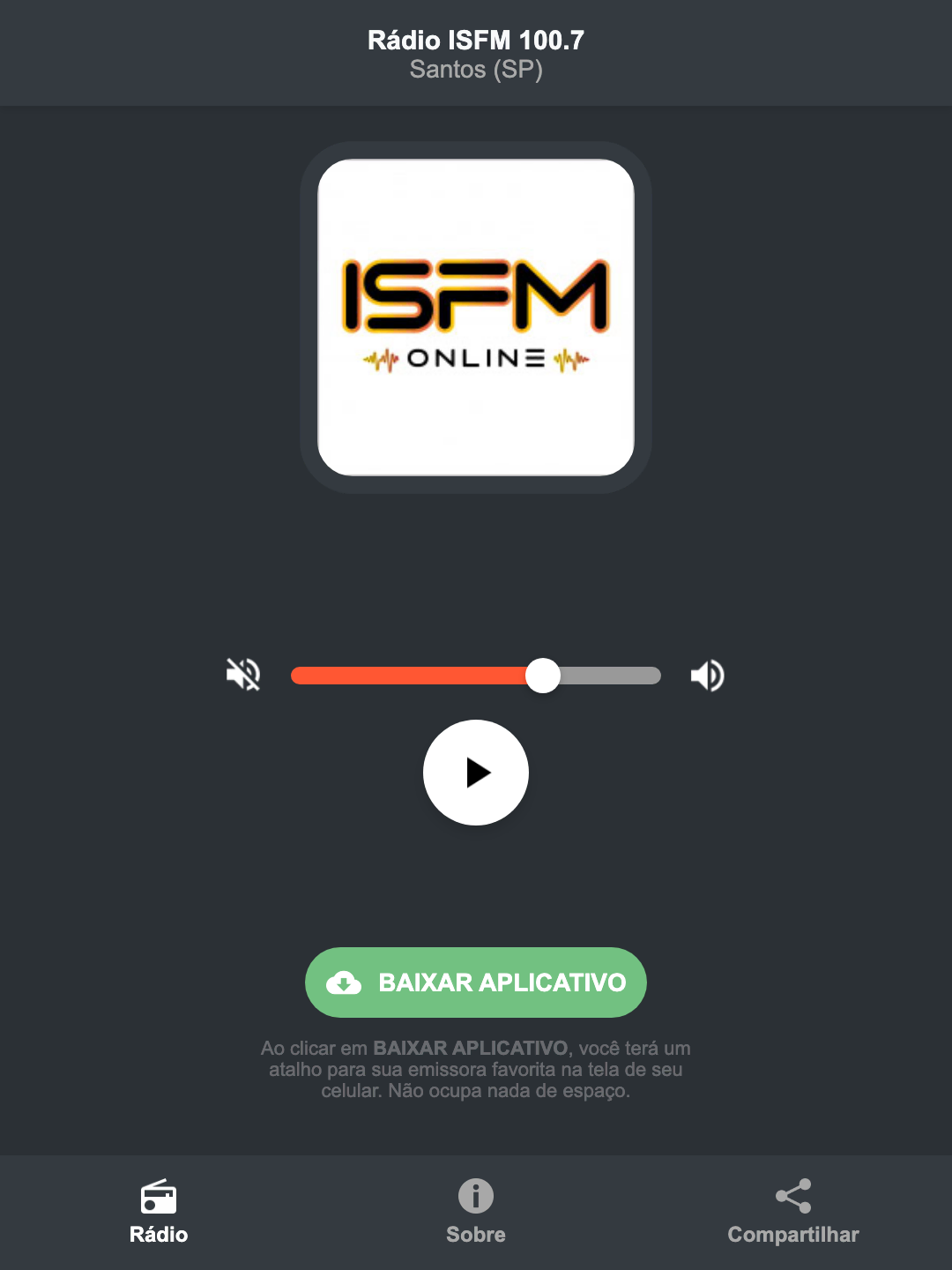 Screenshot do aplicativo da Rádio ISFM 100.7