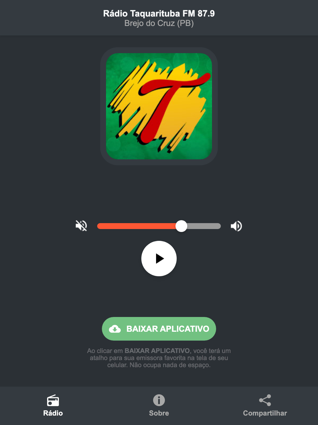Screenshot do aplicativo da Rádio Taquarituba FM 87.9