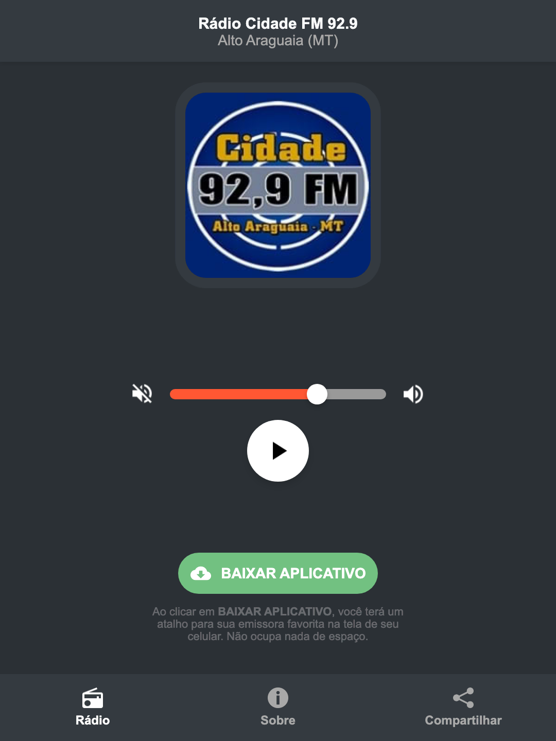Screenshot do aplicativo da Rádio Cidade FM 92.9
