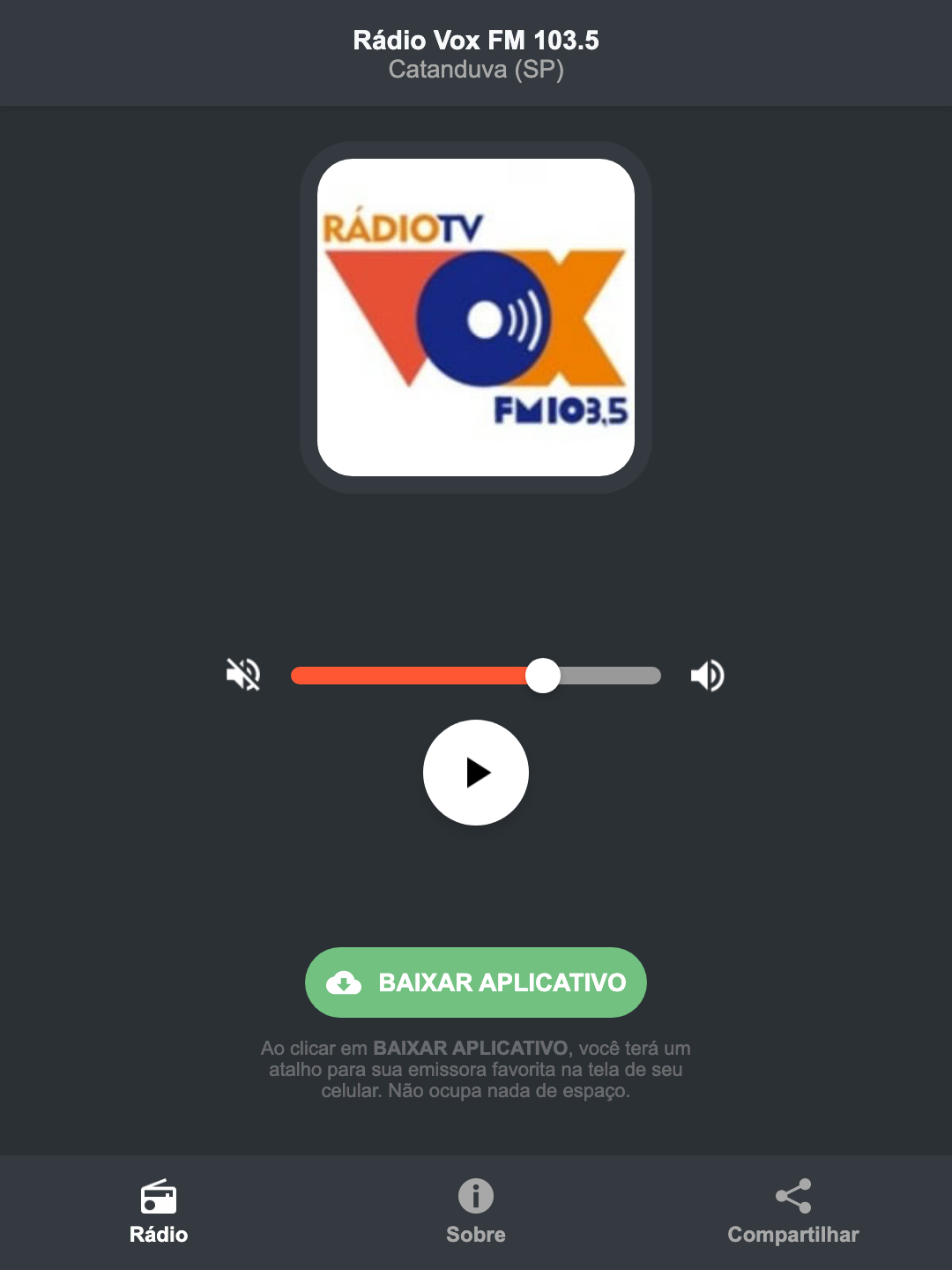 Screenshot do aplicativo da Rádio Vox FM 103.5