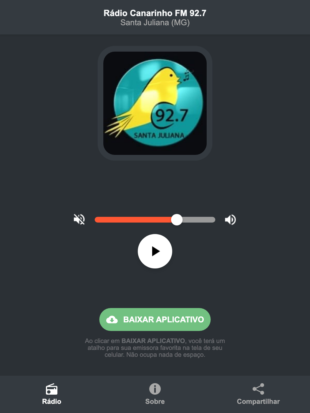 Screenshot do aplicativo da Rádio Canarinho FM 92.7