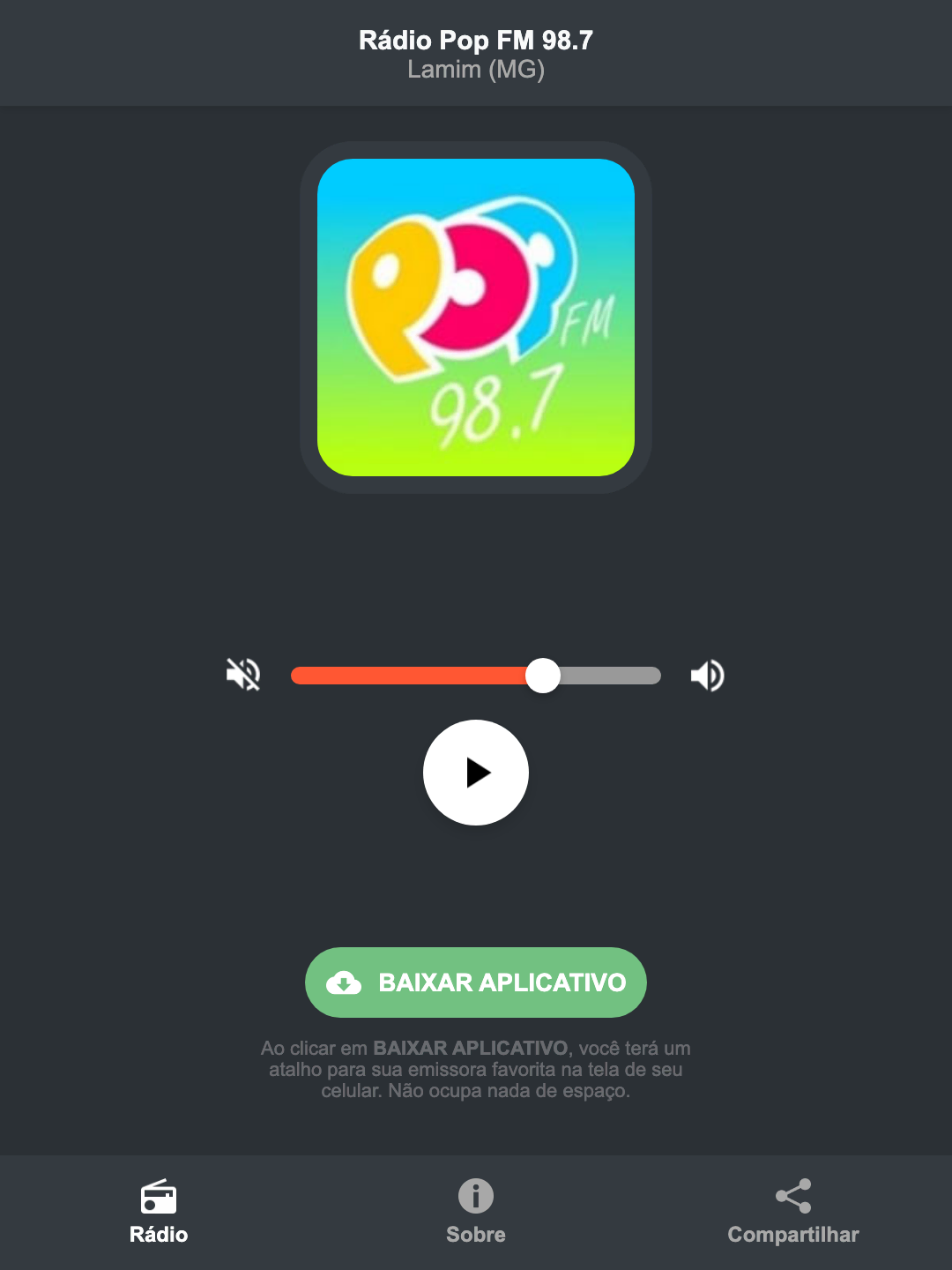 Screenshot do aplicativo da Rádio Pop FM 98.7